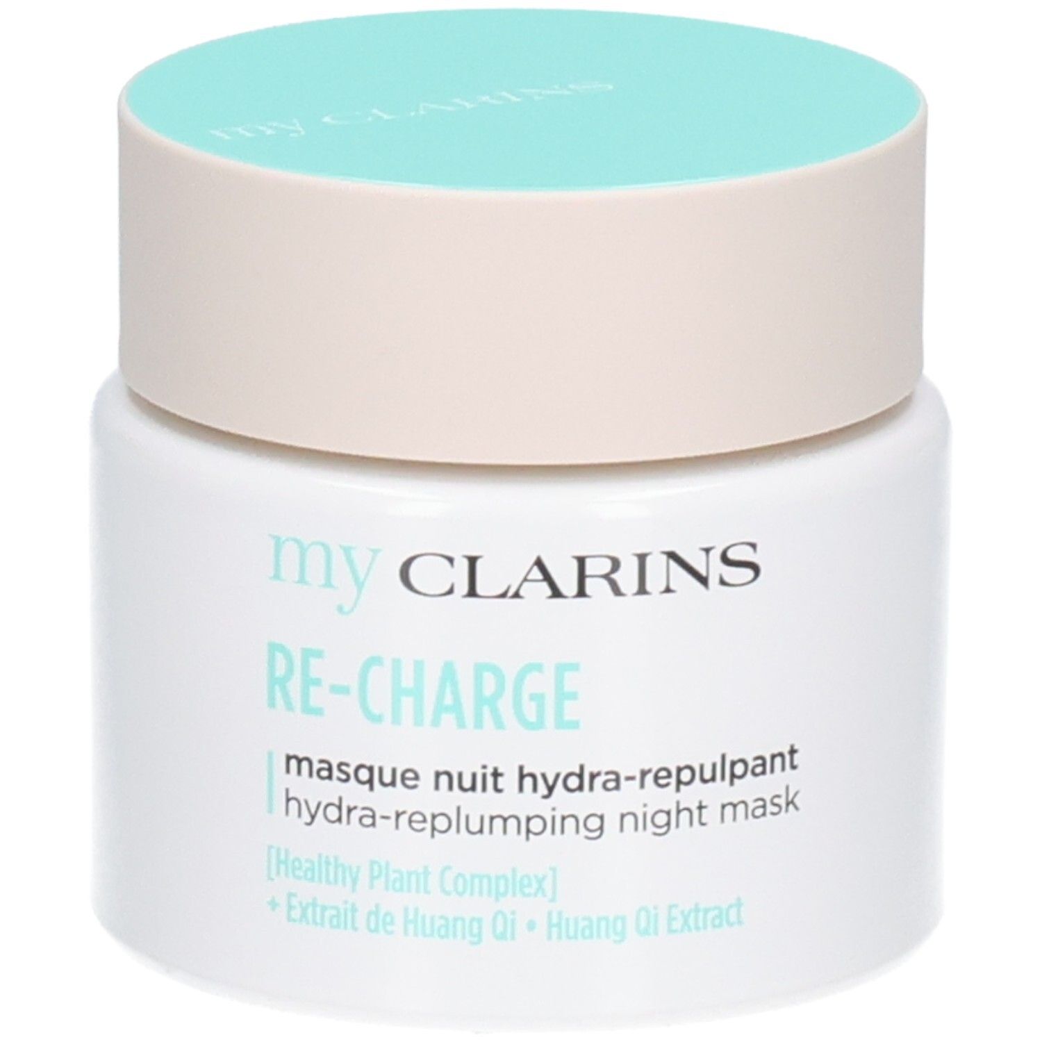 CLARINS MY RE CHARGE MASQUE NUIT HYDRA REPULPANT TP 50 ML. Pot blanc avec couvercle bleu clair.
