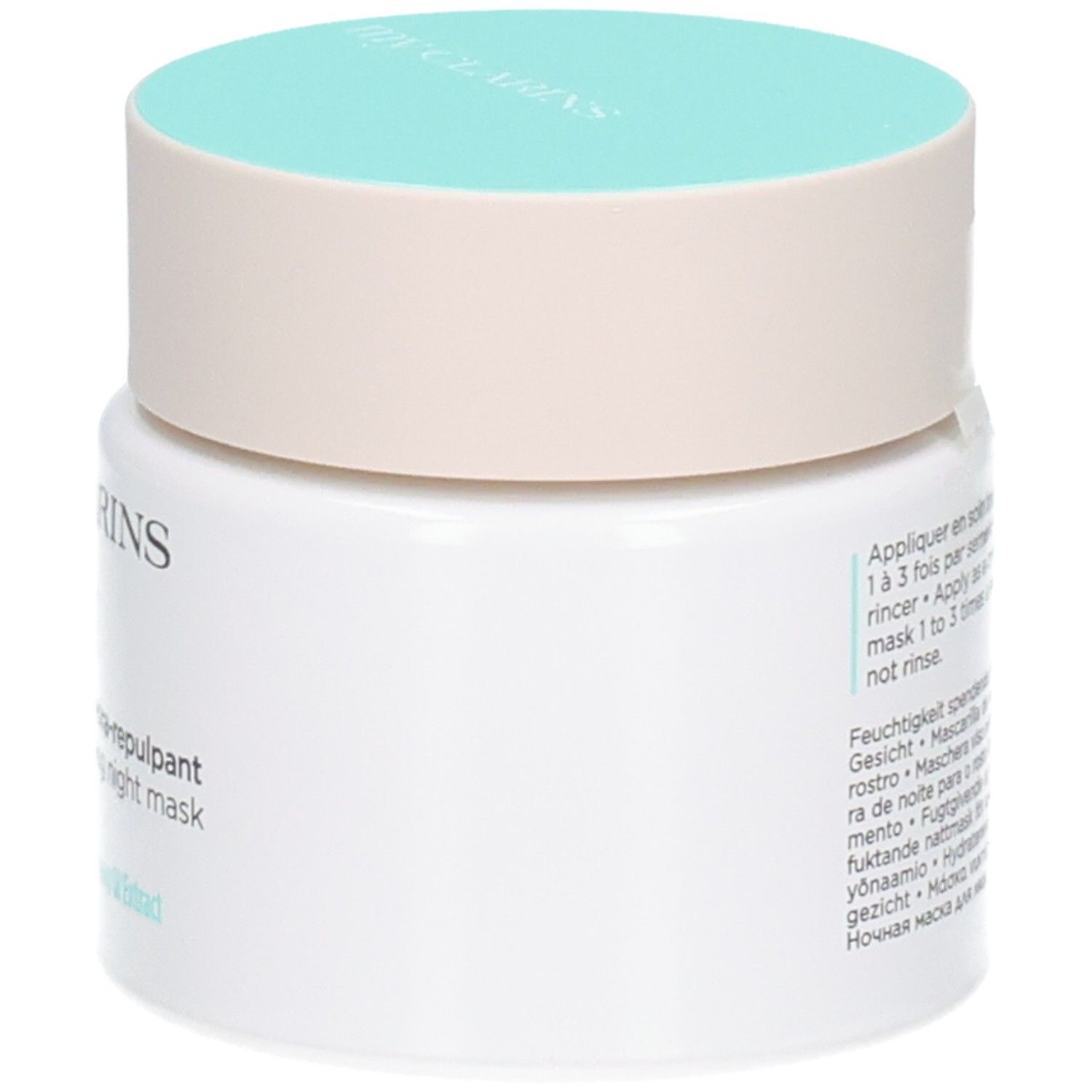 CLARINS MY RE CHARGE MASQUE NUIT HYDRA REPULPANT TP 50 ML. Vue latérale du pot avec instructions d'utilisation.