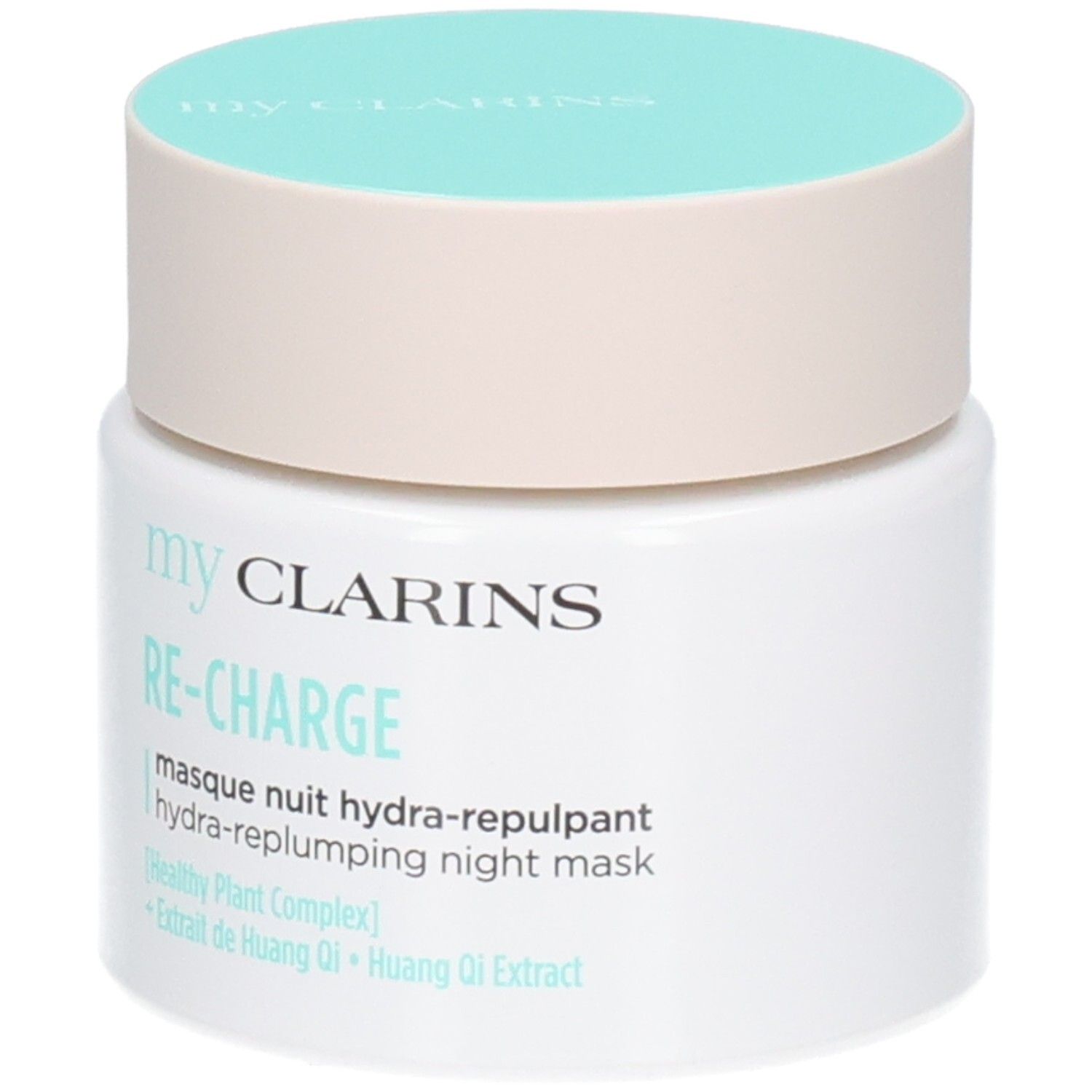 CLARINS MY RE CHARGE MASQUE NUIT HYDRA REPULPANT TP 50 ML. Pot blanc avec couvercle bleu clair, vue de face.