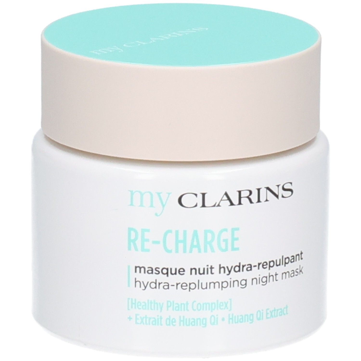 CLARINS MY RE CHARGE MASQUE NUIT HYDRA REPULPANT TP 50 ML. Pot blanc avec couvercle bleu clair, vue de face.