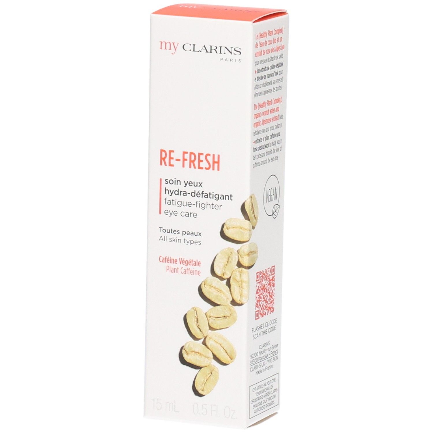 Emballage My Clarins soin yeux anti-fatigue avec caféine végétale. Illustration de grains d'avoine.