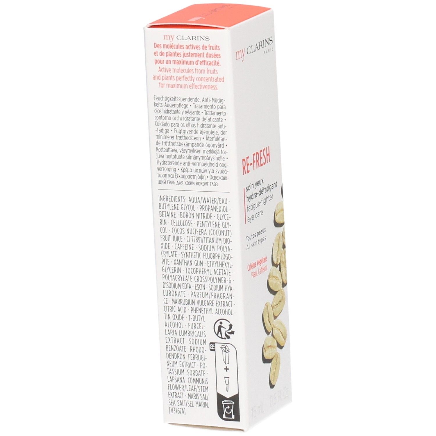 Arrière de l'emballage My Clarins soin yeux avec liste d'ingrédients et sceau vegan.