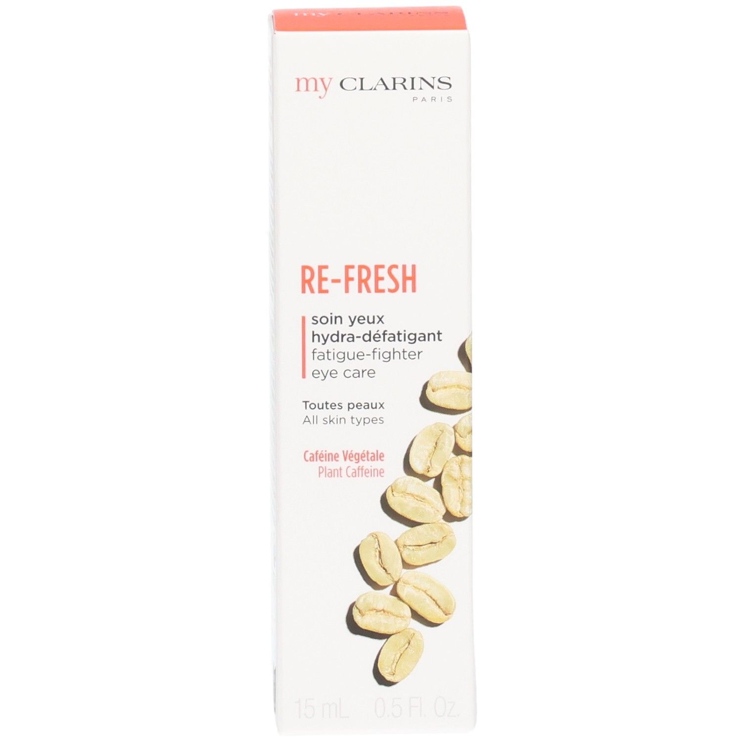 Emballage My Clarins soin yeux anti-fatigue avec caféine végétale. Illustration de grains d'avoine.