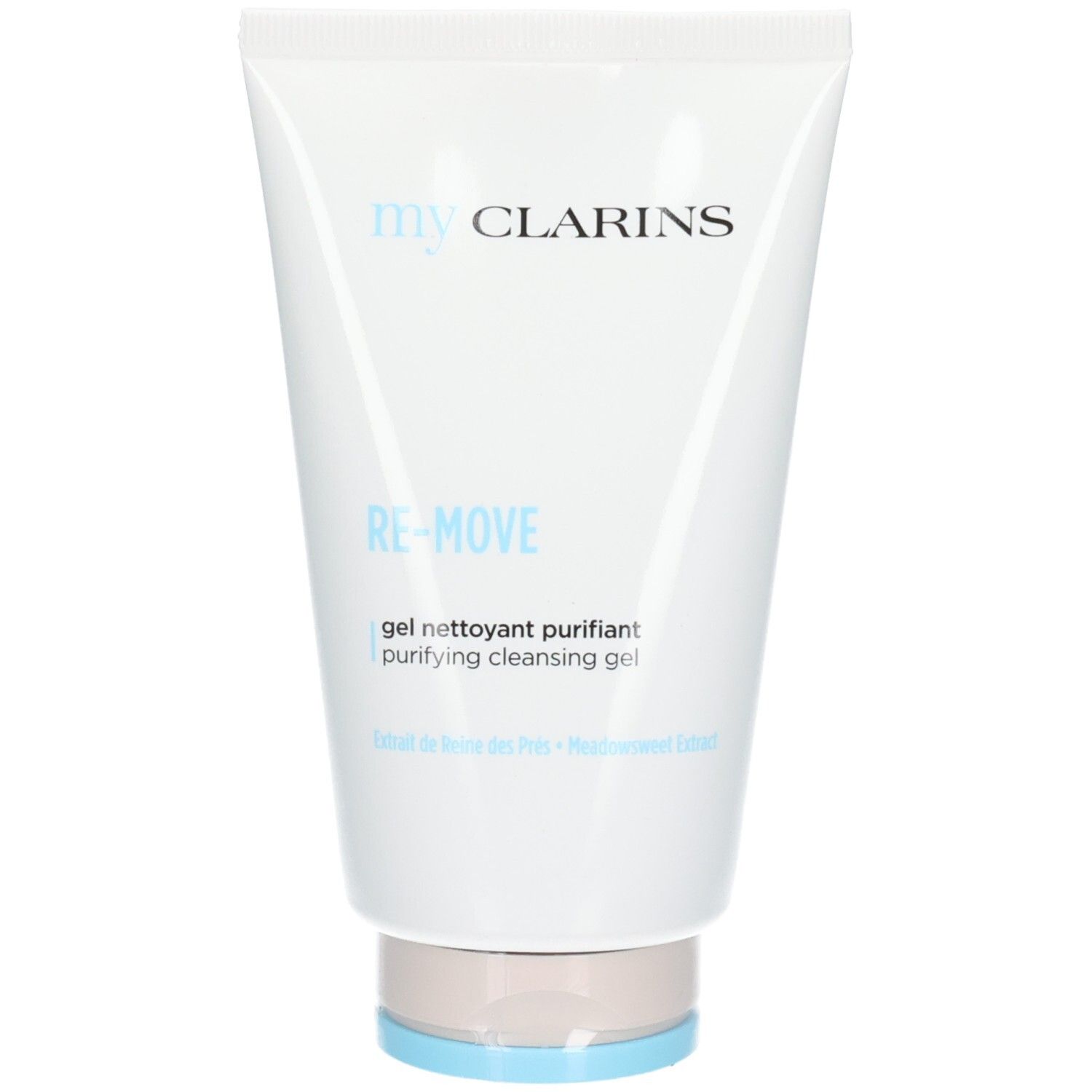 Gel nettoyant purifiant CLA MY RE-MOVE dans un tube blanc avec bouchon bleu et rose.