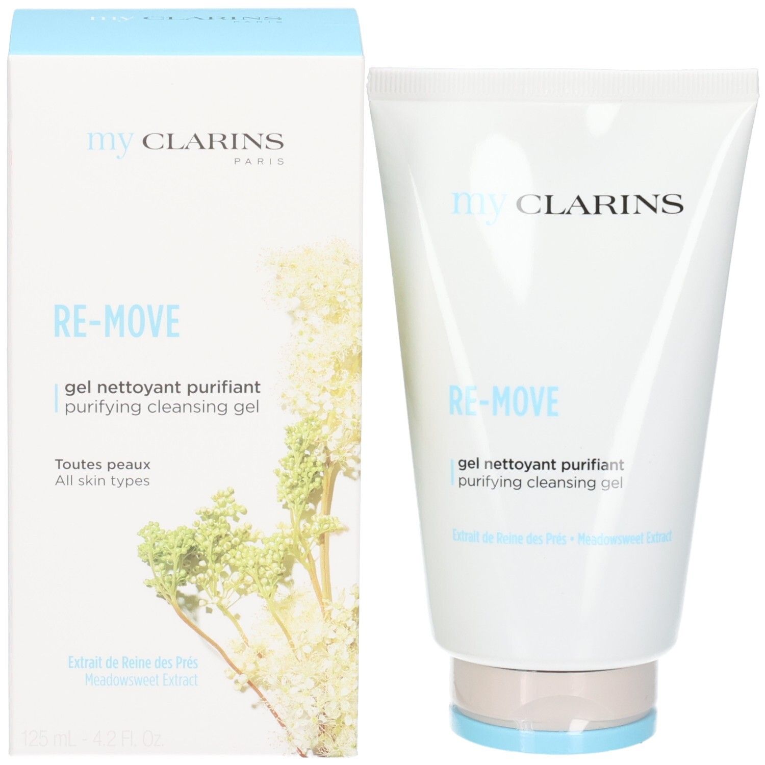 Gel nettoyant purifiant CLA MY RE-MOVE et sa boîte pliante avec motif floral.
