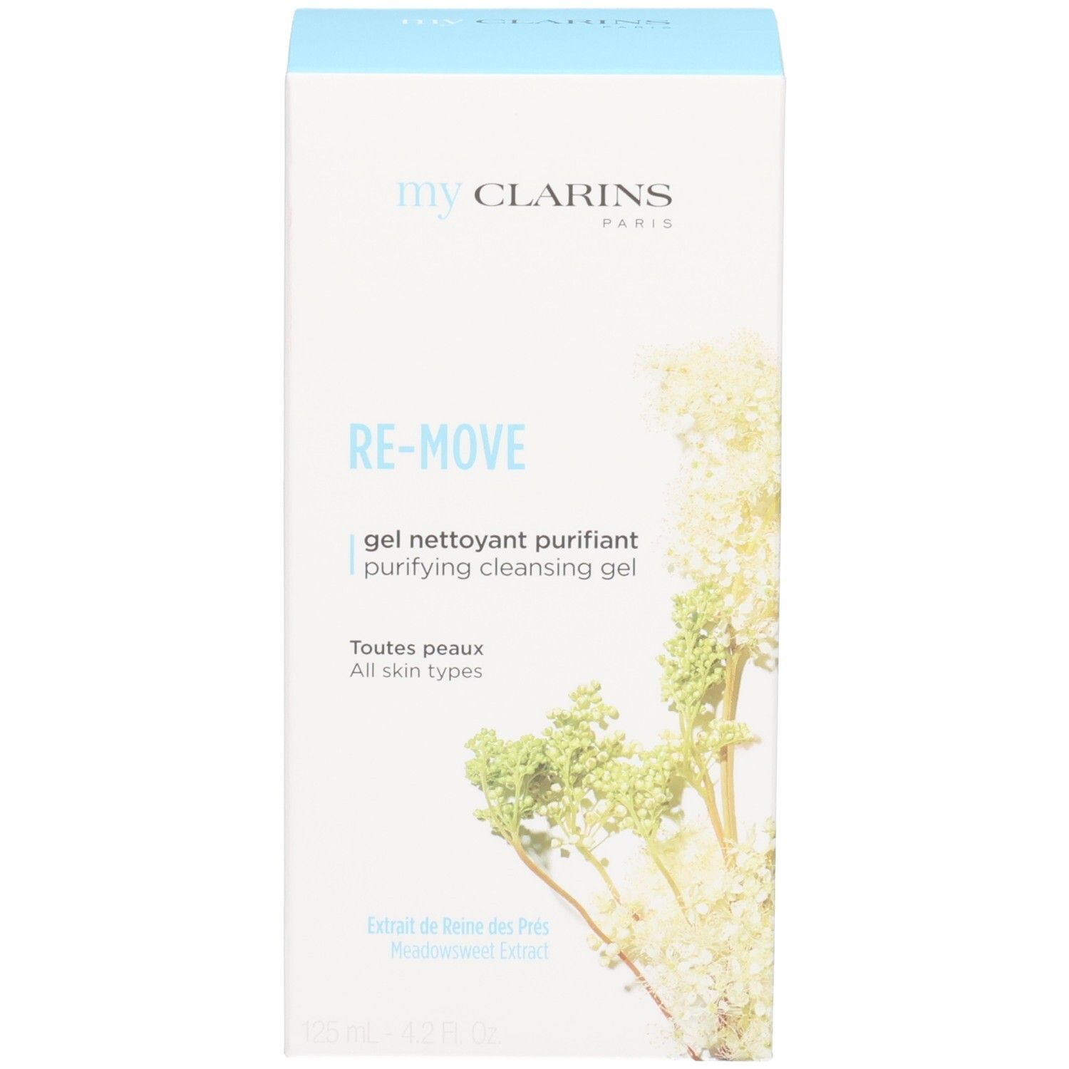 Boîte pliante pour gel nettoyant purifiant CLA MY RE-MOVE avec illustration florale.