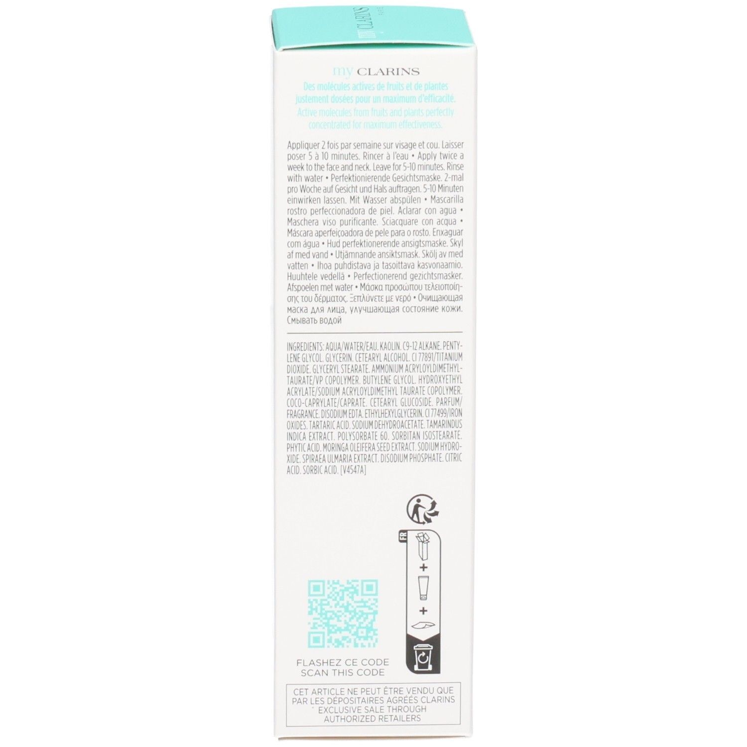 Arrière de l'emballage du Masque Pore-Less Clarins avec QR code et instructions.