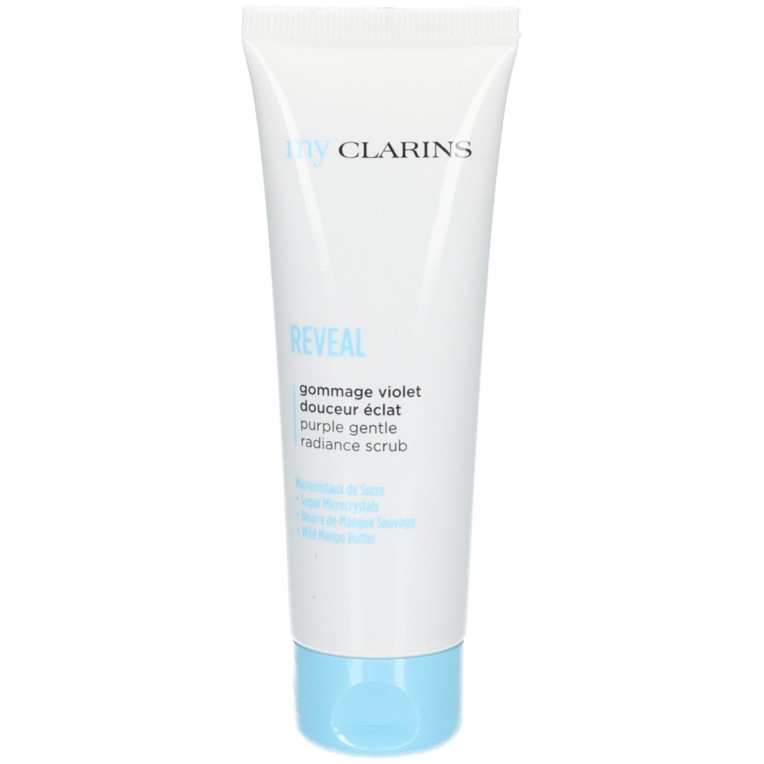 Clarins My Clarins Reveal Gommage violet doux tube avec bouchon bleu.