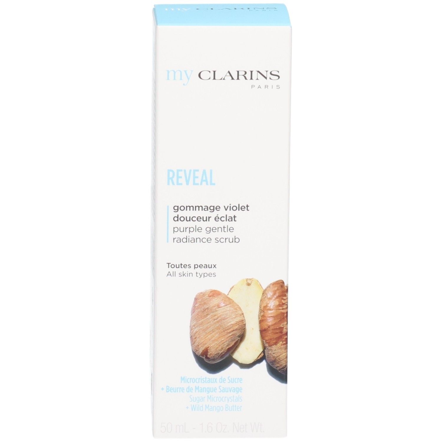 Clarins My Clarins Reveal Boîte avec des noix et description du gommage violet.