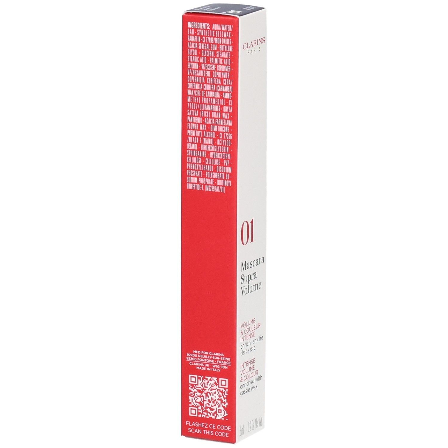 Emballage du Mascara Supra Volume Clarins avec liste des ingrédients.