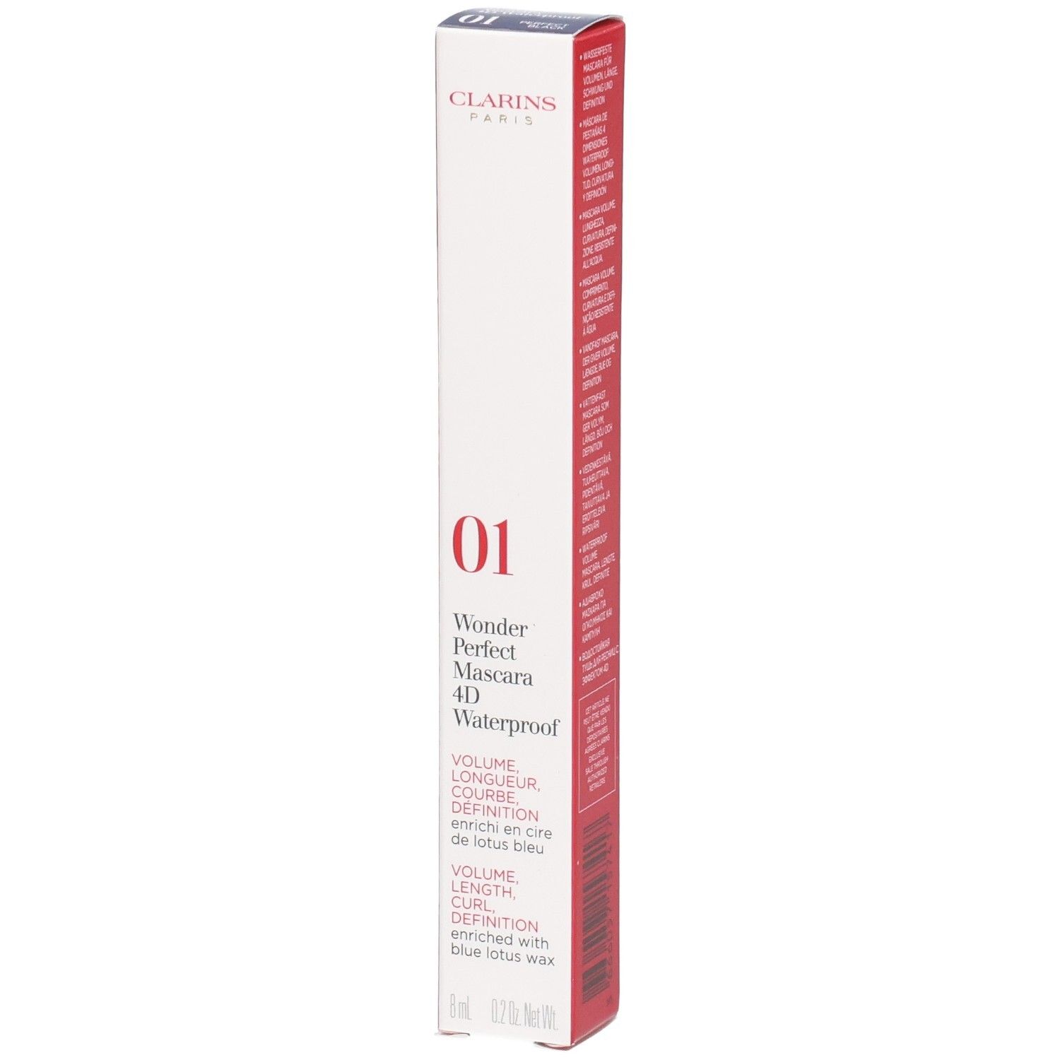 Clarins Wonder Perfect Mascara 4D Waterproof, doos met productinformatie en nummer 01.