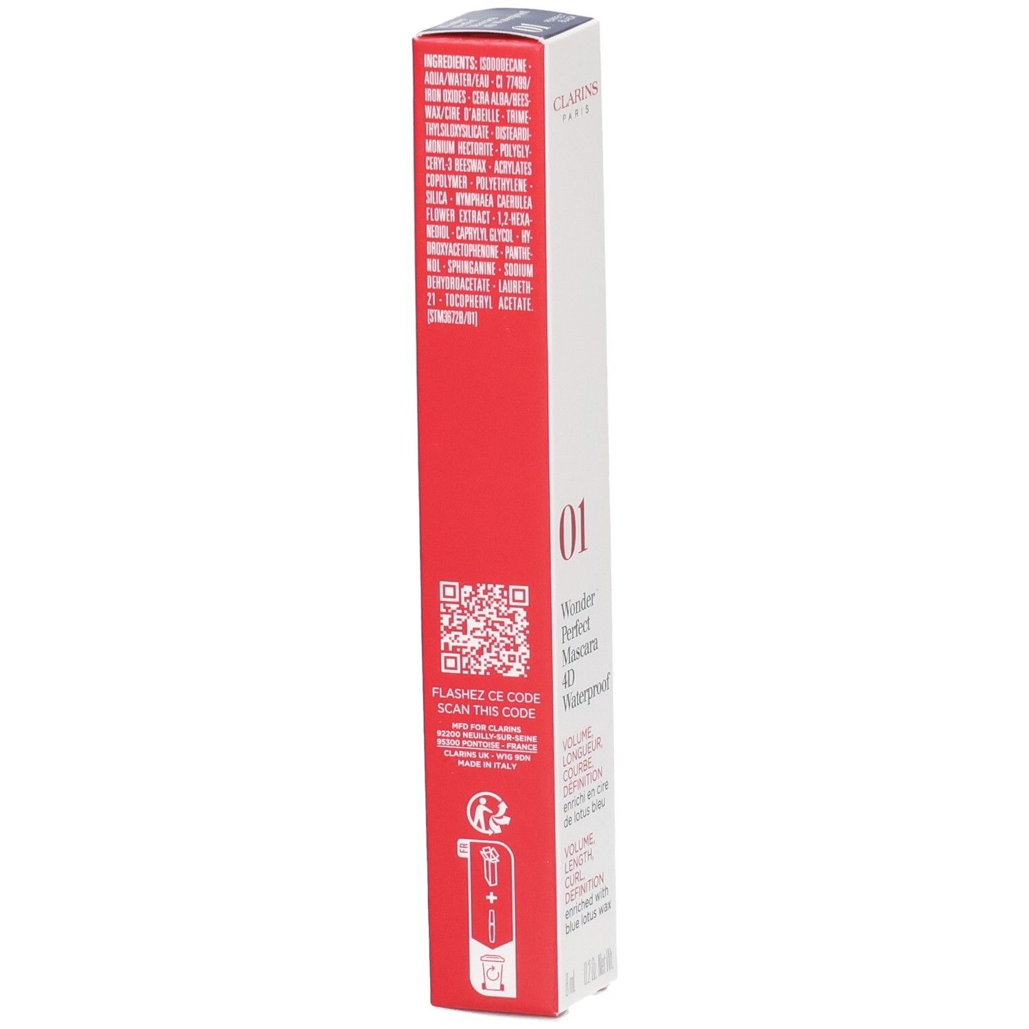 Clarins Wonder Perfect Mascara 4D Waterproof, achterkant van de doos met QR-code en gebruiksinstructies.