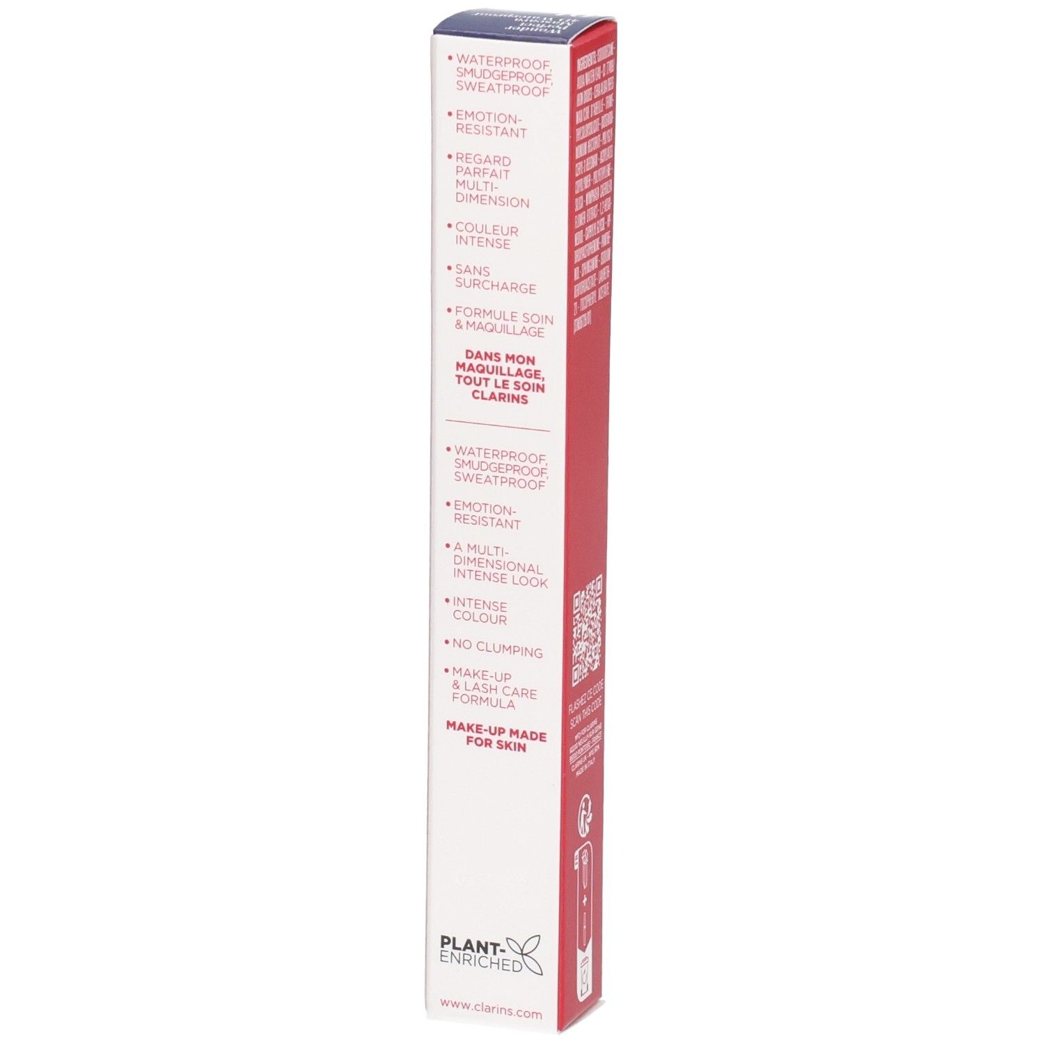 Clarins Wonder Perfect Mascara 4D Waterproof, zijaanzicht van de doos met productkenmerken en logo.