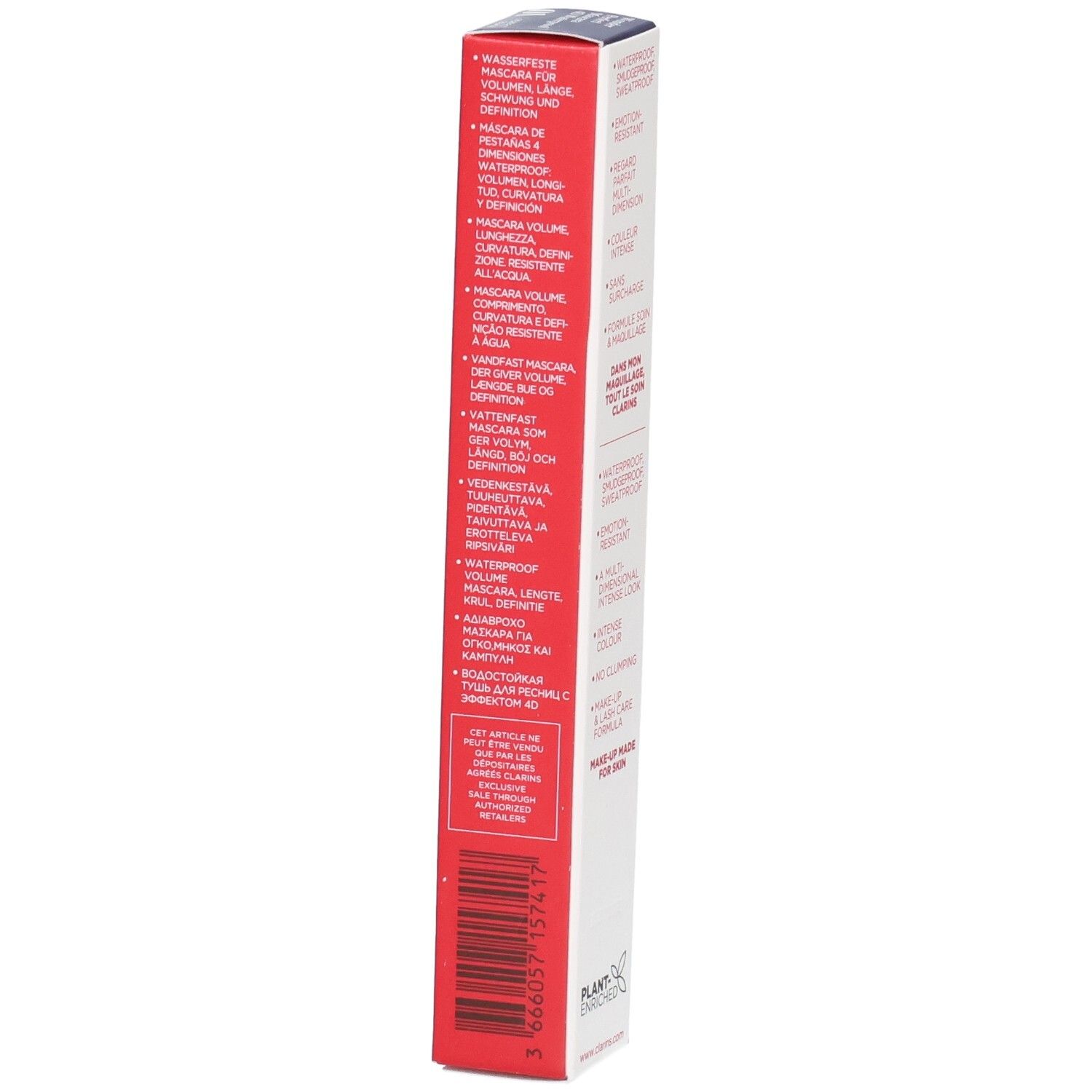 Clarins Wonder Perfect Mascara 4D Waterproof, doos met meertalige productbeschrijvingen en barcode.