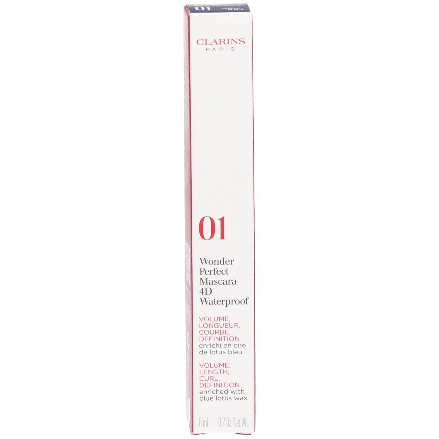 Clarins Wonder Perfect Mascara 4D Waterproof, doos met productinformatie en nummer 01.