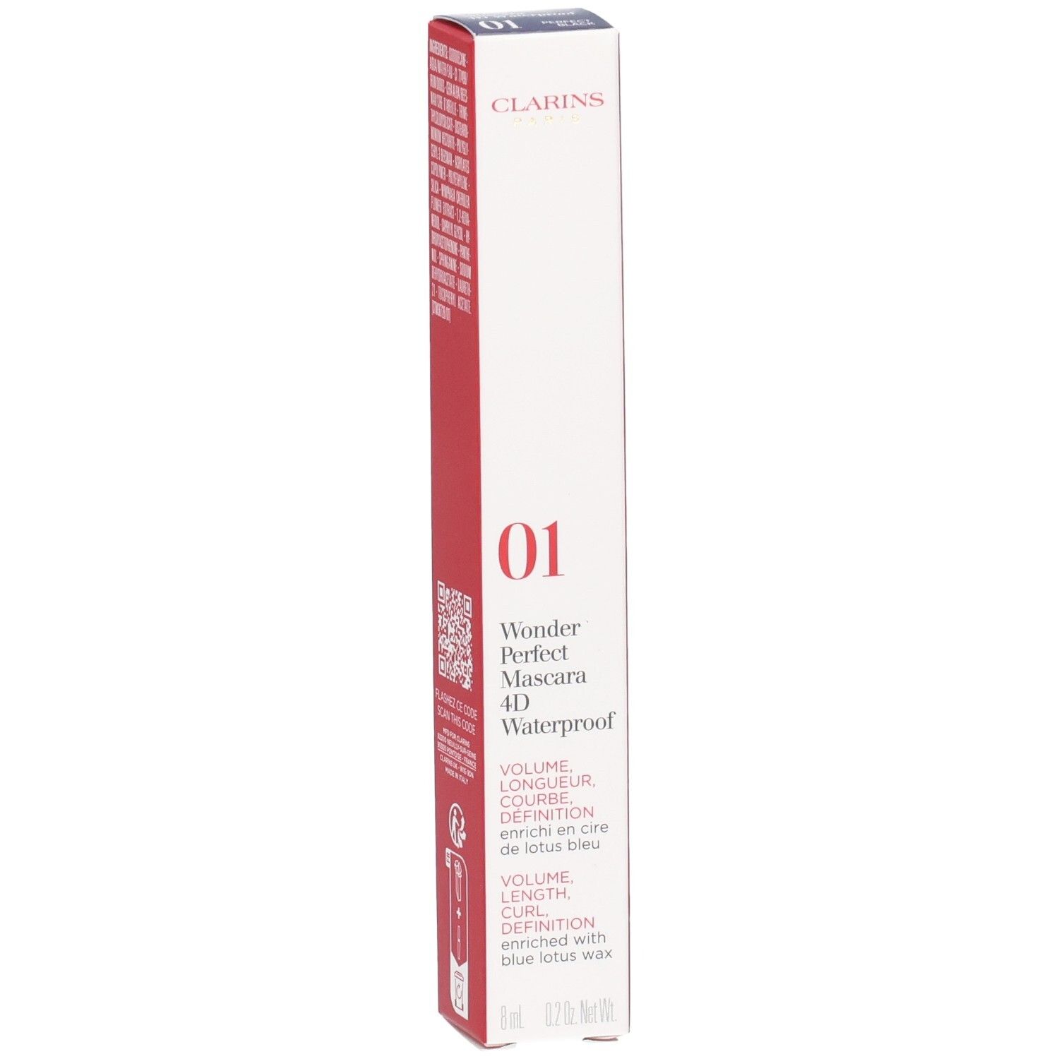 Clarins Wonder Perfect Mascara 4D Waterproof, doos met productinformatie en nummer 01.