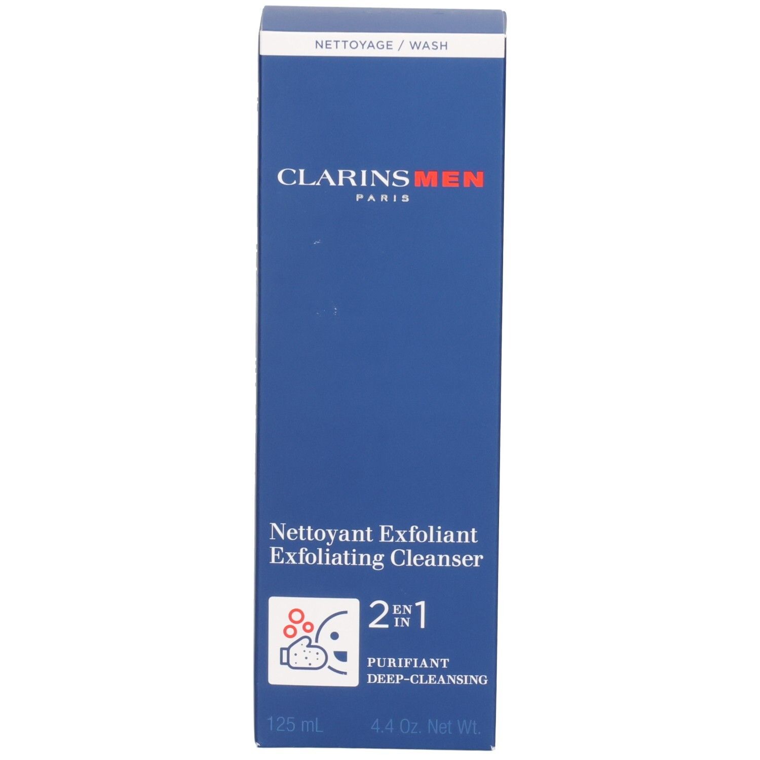 Face avant de la boîte pliante ClarinsMen Nettoyant Exfoliant, 125 ml.