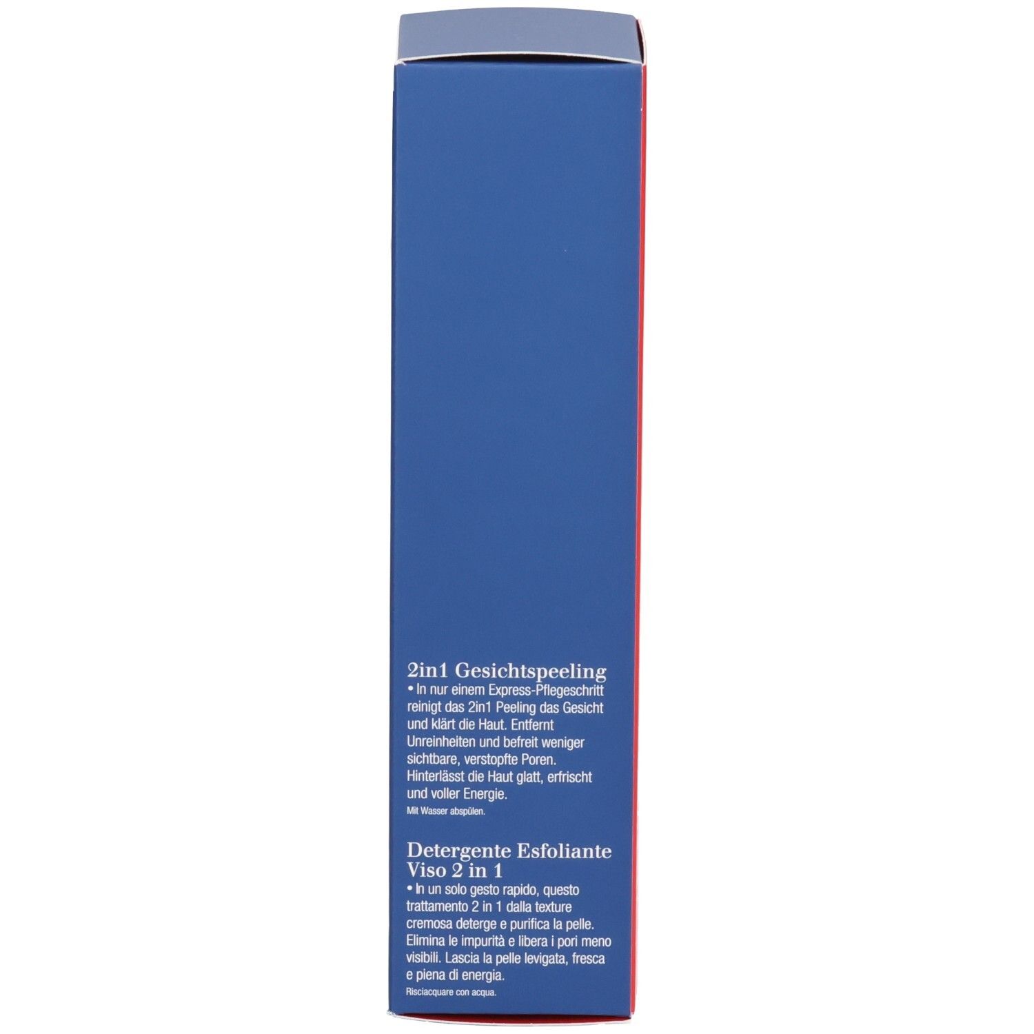 Vue latérale de la boîte pliante ClarinsMen Nettoyant Exfoliant avec description en allemand et italien.