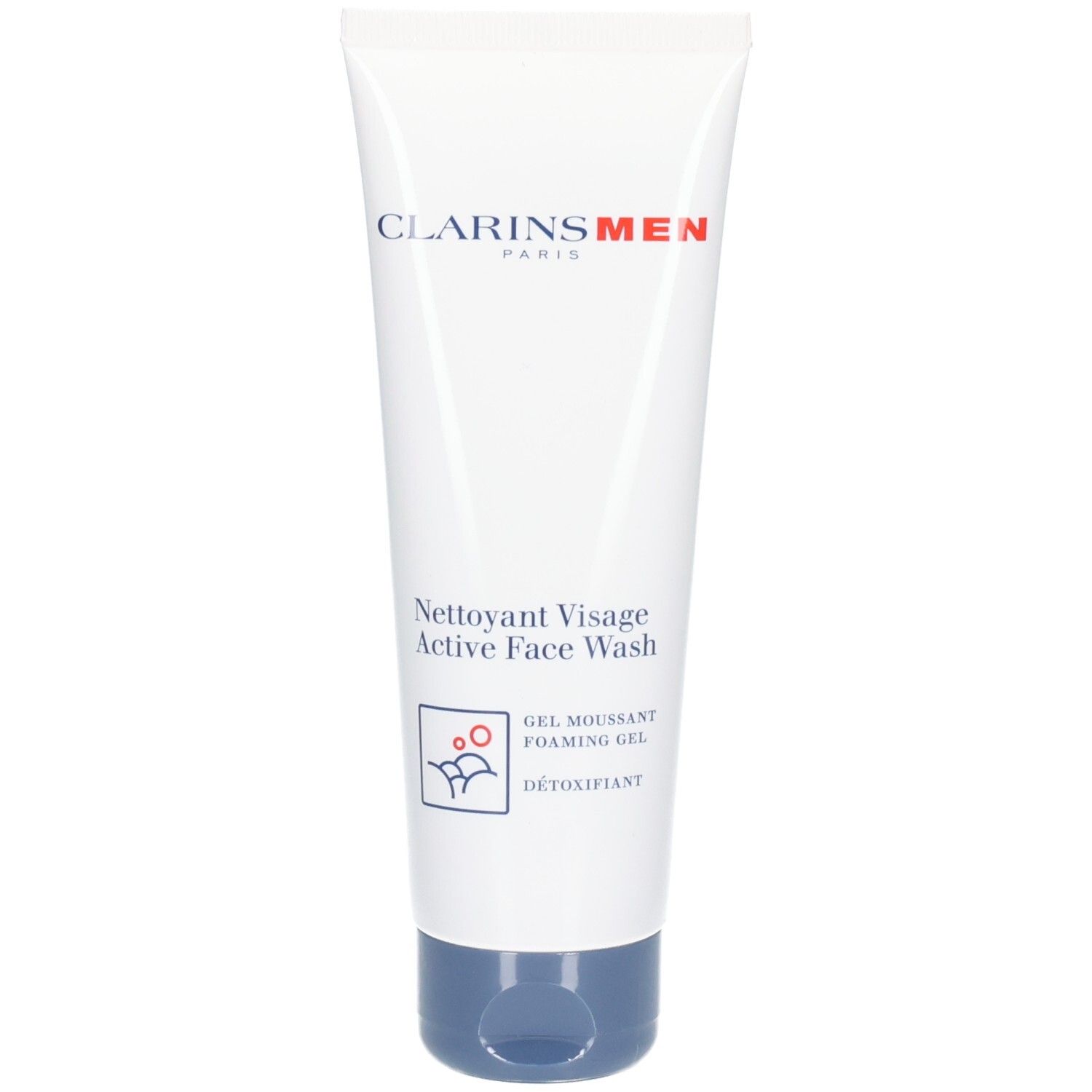 Clarins Men Active Face Wash tube met blauwe dop. Bevat 125 ml.