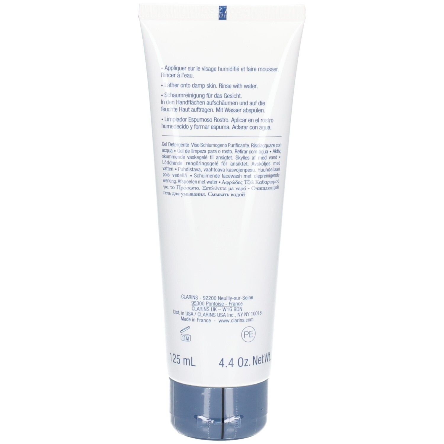 Achterkant van de Clarins Men Active Face Wash tube met instructies en productinformatie.