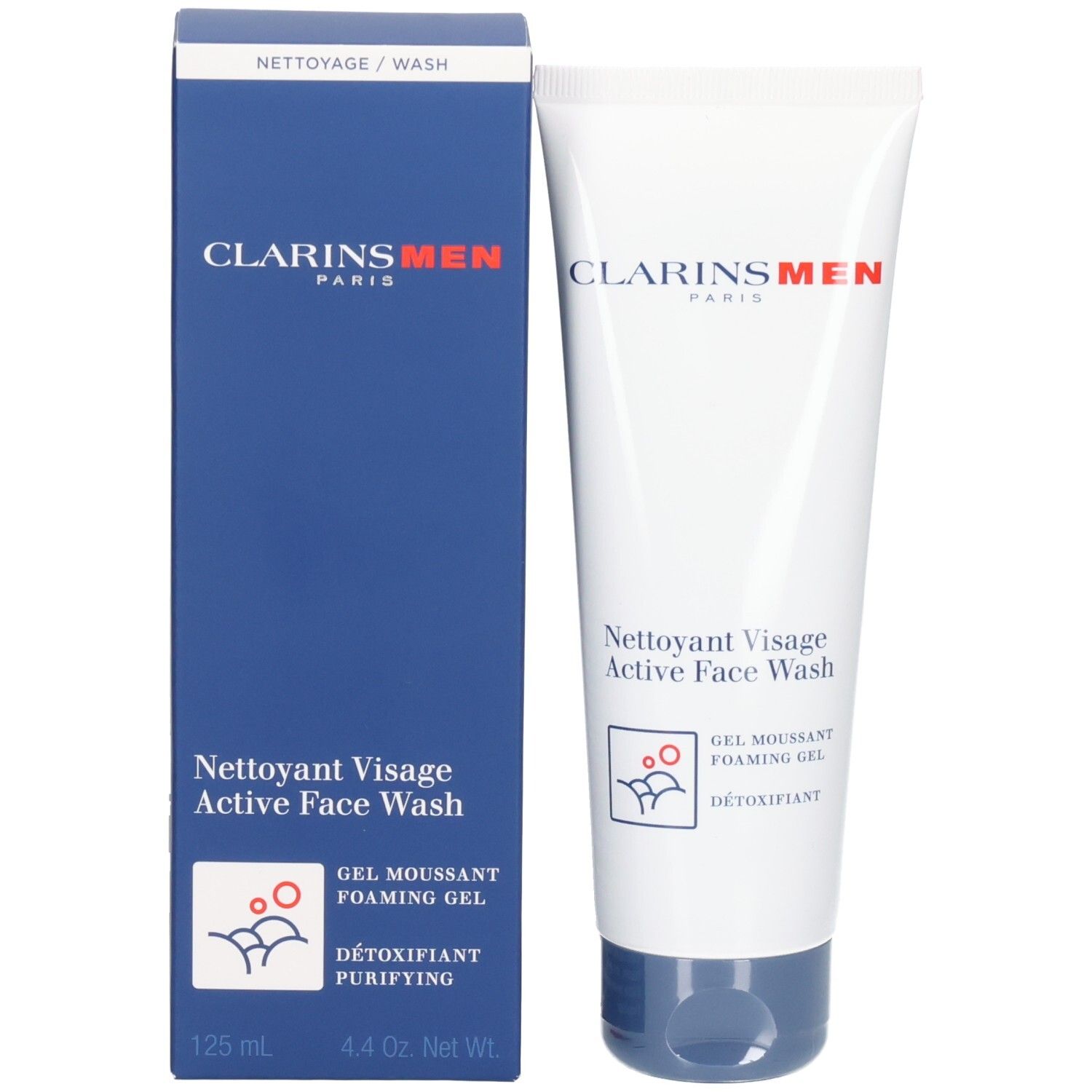 Clarins Men Active Face Wash tube en doosje. Bevat 125 ml.