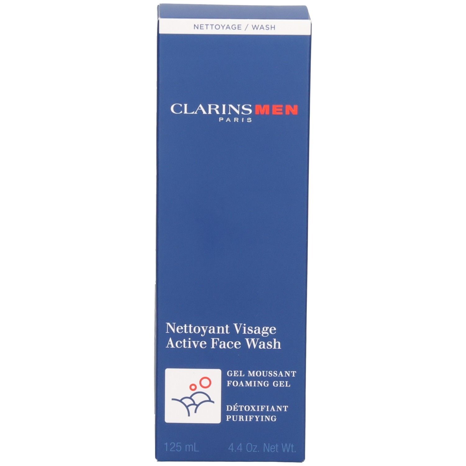 Zijaanzicht van het Clarins Men Active Face Wash doosje met productinformatie.