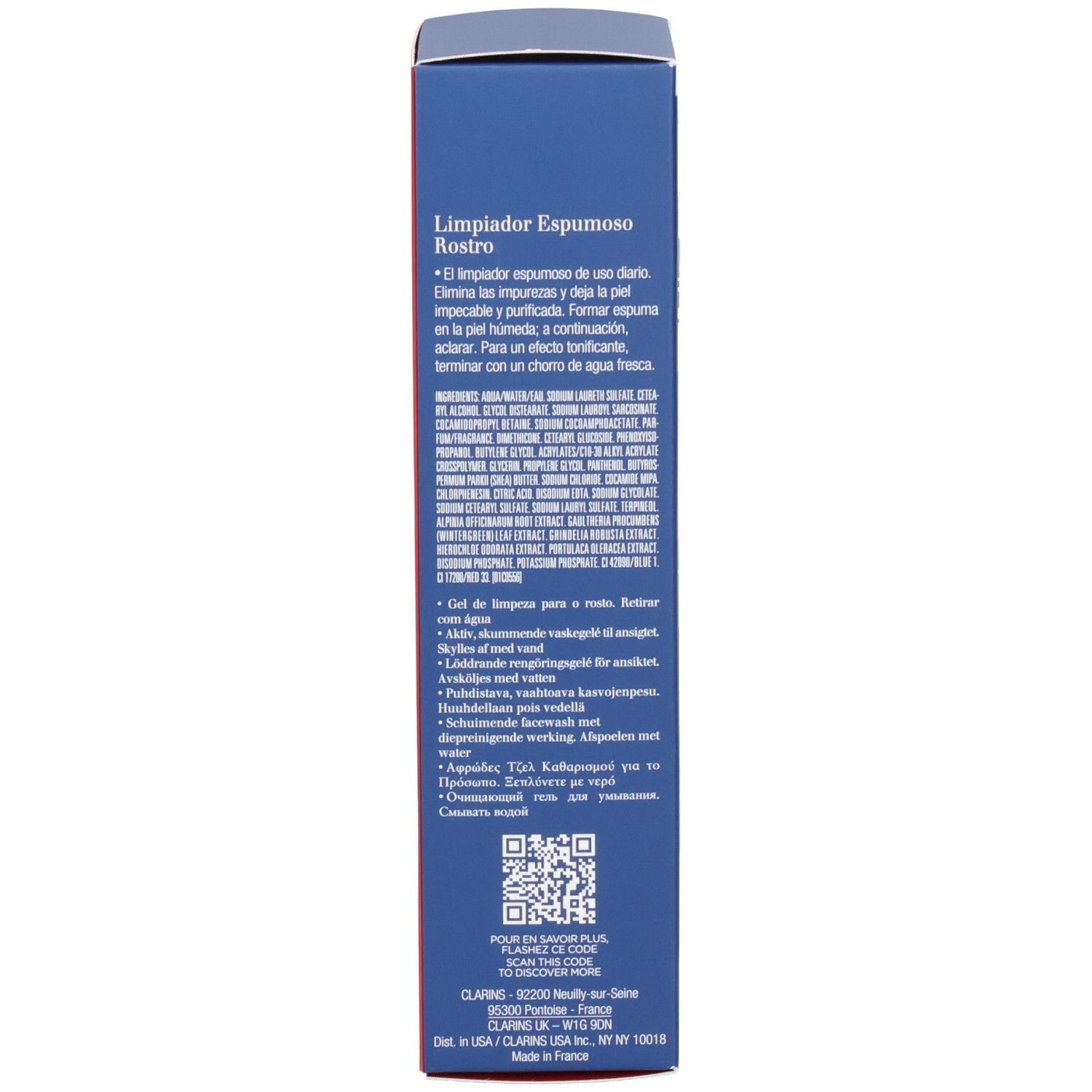 Zijaanzicht van het Clarins Men Active Face Wash doosje met gebruiksinstructies.