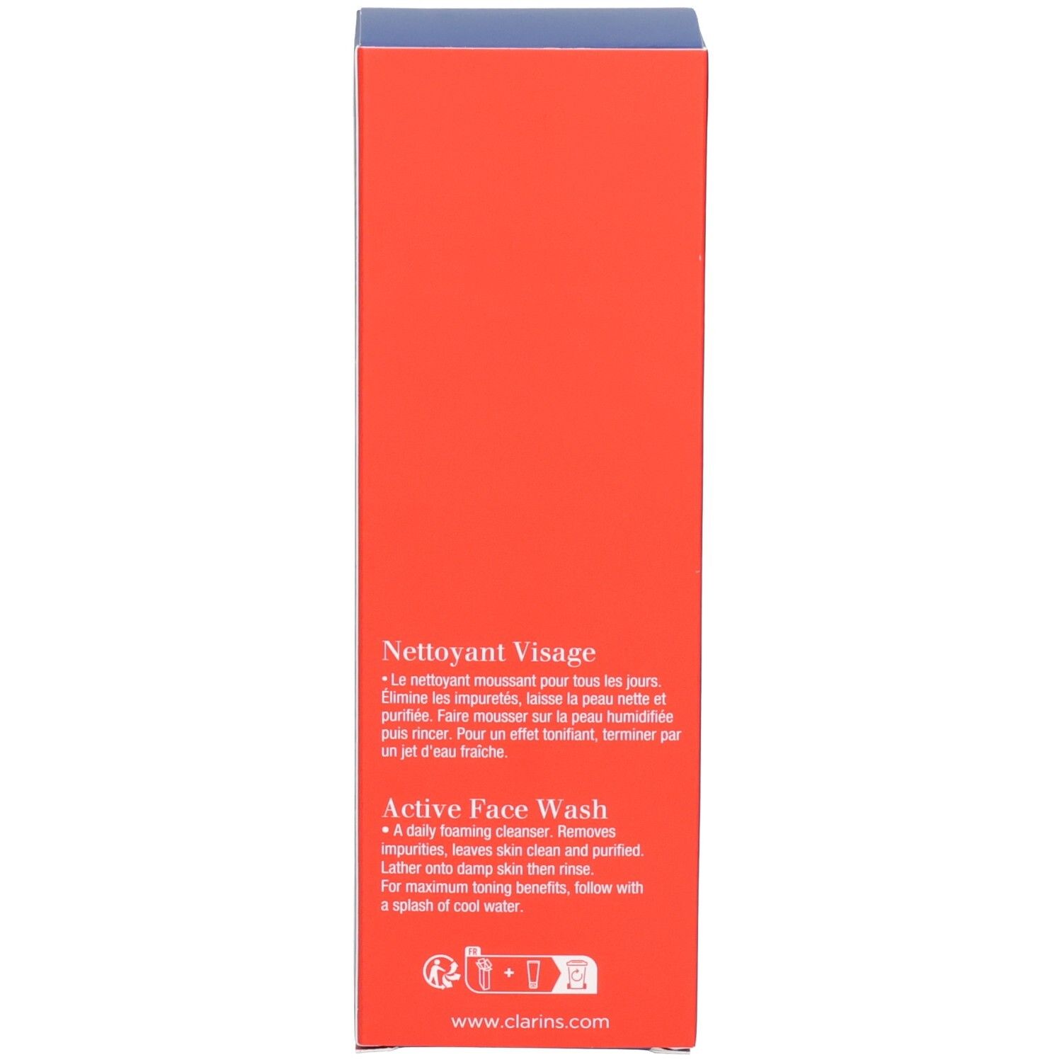 Zijaanzicht van het Clarins Men Active Face Wash doosje met gebruiksinstructies.