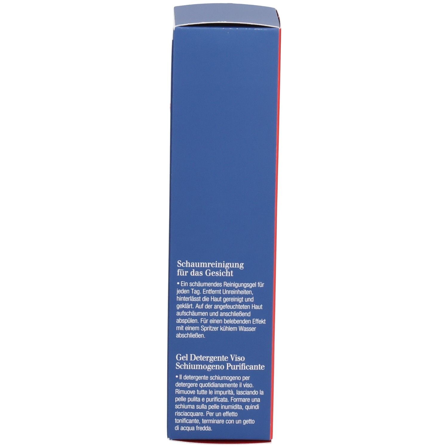 Zijaanzicht van het Clarins Men Active Face Wash doosje met productinformatie.