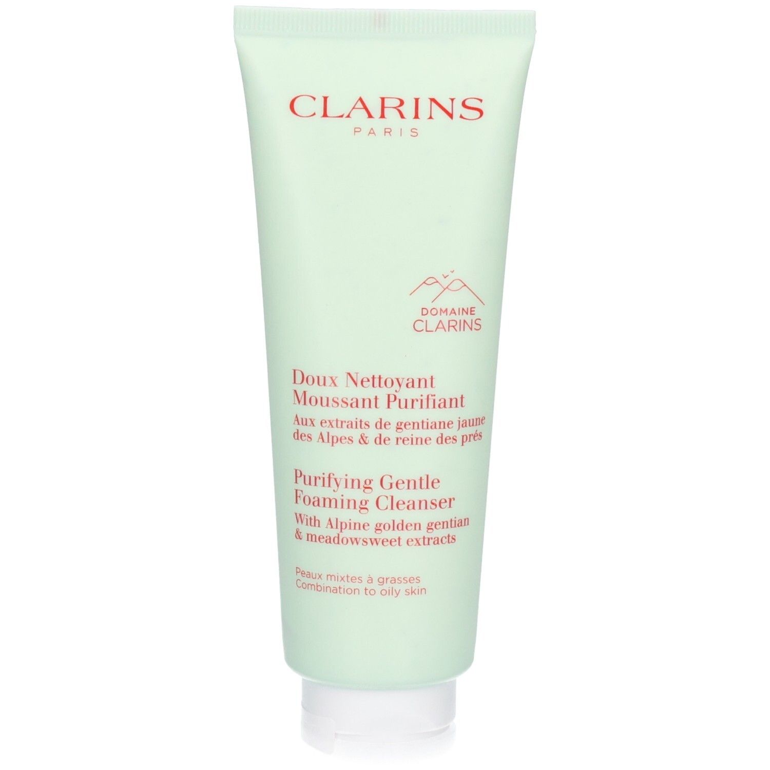 Nettoyant Clarins dans un tube vert pâle avec un bouchon blanc. Nom de marque rouge en haut.