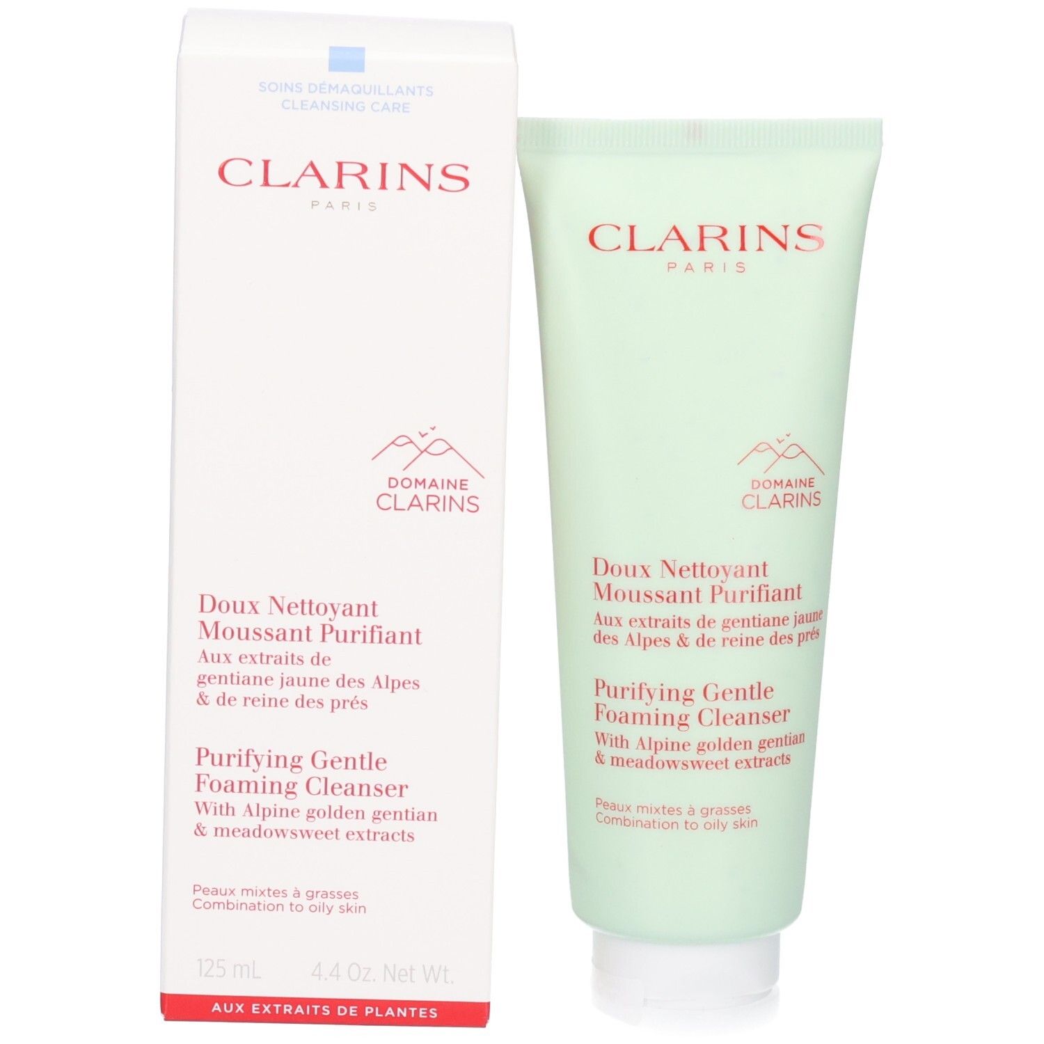 Nettoyant Clarins et son emballage. Le tube est vert pâle, la boîte est blanche avec des accents rouges.