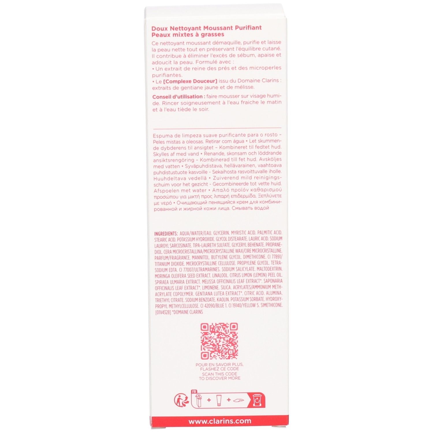 Arrière de l'emballage du nettoyant Clarins avec les ingrédients, un code QR et les informations du site Web.