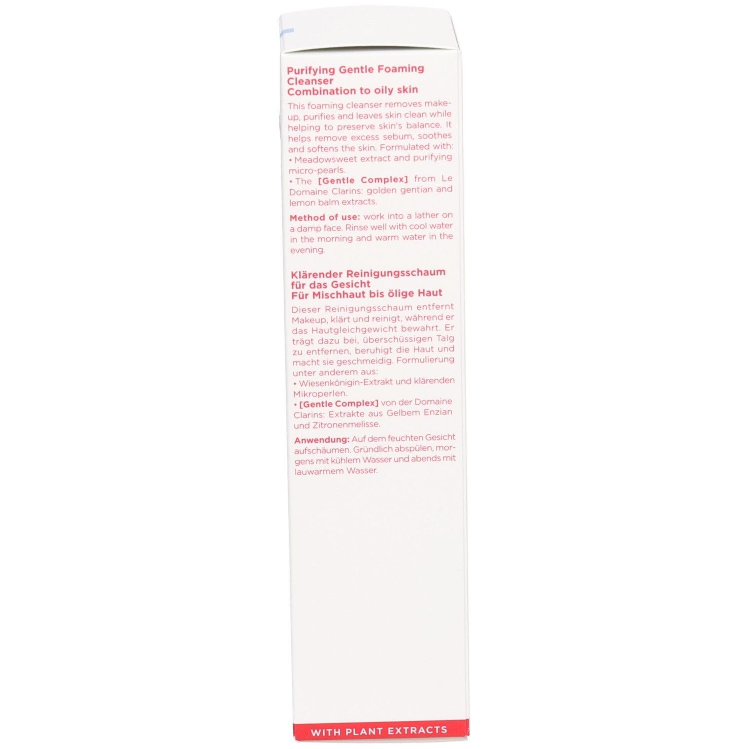 Côté de l'emballage du nettoyant Clarins avec les instructions d'utilisation et les informations produit en allemand et anglais.