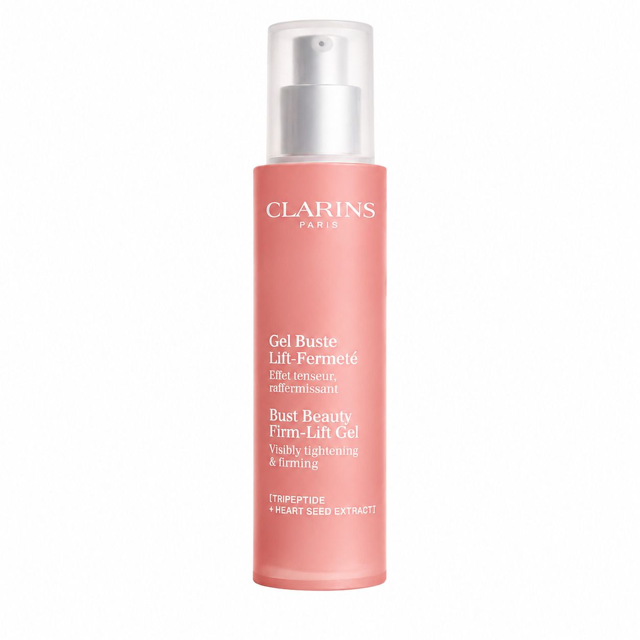Clarins Bust Beauty Firm-Lift Gel, fles met pompdispenser. Franse tekst: Gel Buste Lift-Fermeté.