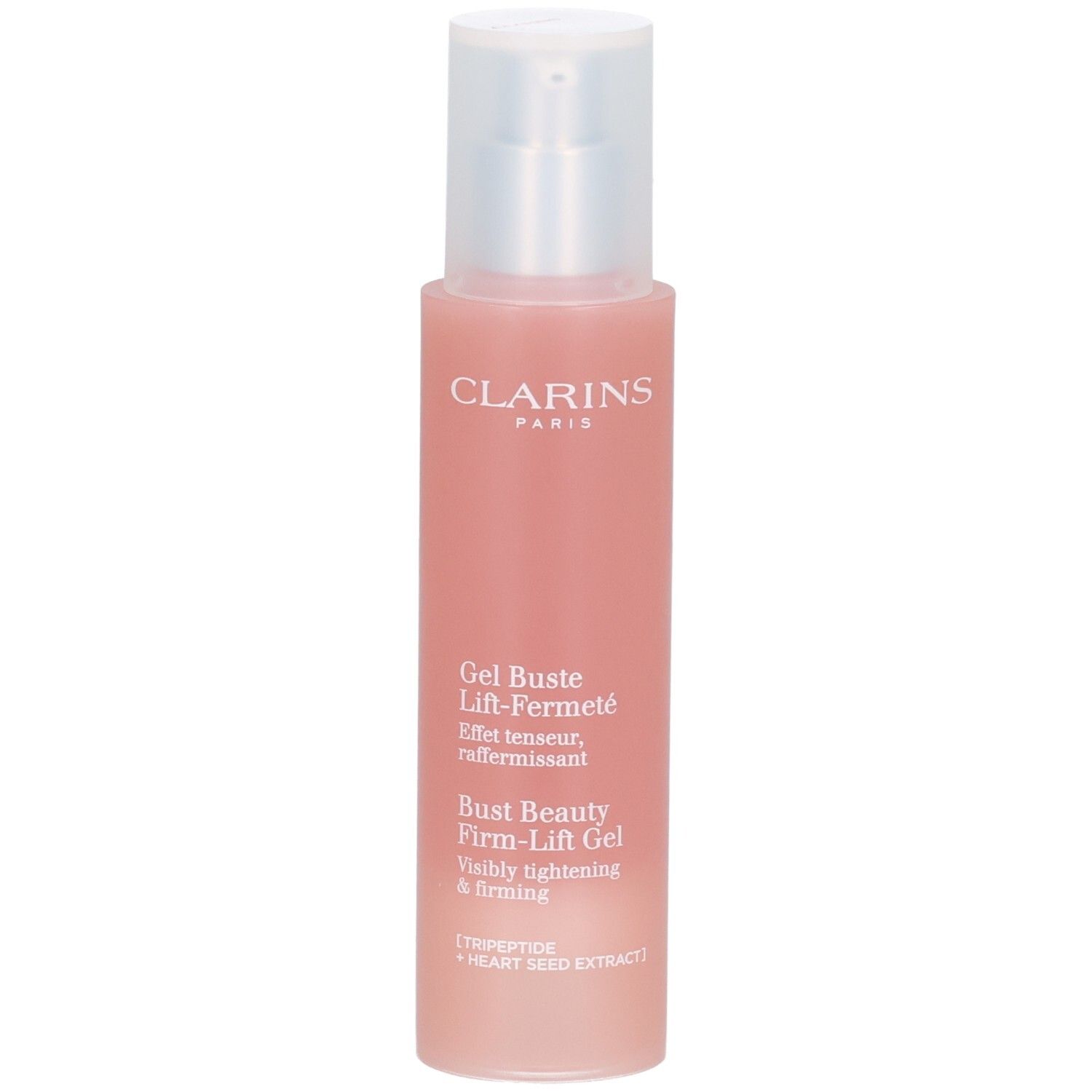 Clarins Bust Beauty Firm-Lift Gel in roze fles met pompdispenser. Bevat Tripeptide en hartzaadextract.