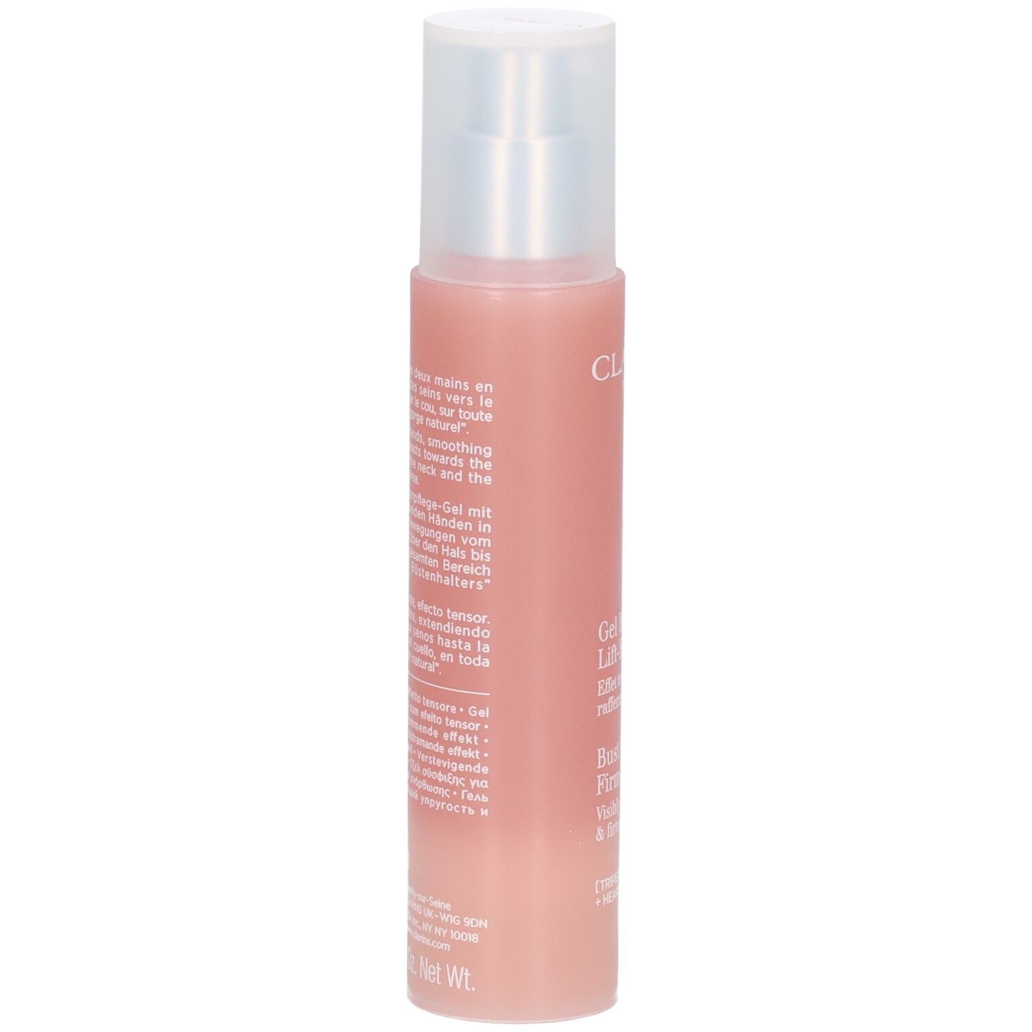 Clarins Bust Beauty Firm-Lift Gel, achterkant met instructies en ingrediënten. Roze fles met pompdispenser.
