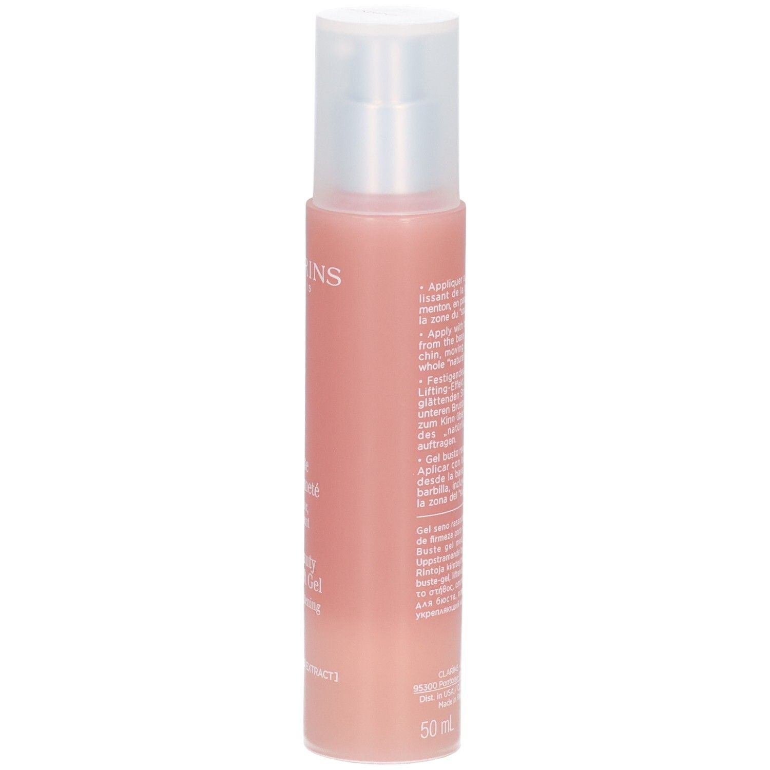 Clarins Bust Beauty Firm-Lift Gel, fles met pompdispenser. Tekst in Duits, Frans, Italiaans, Nederlands.
