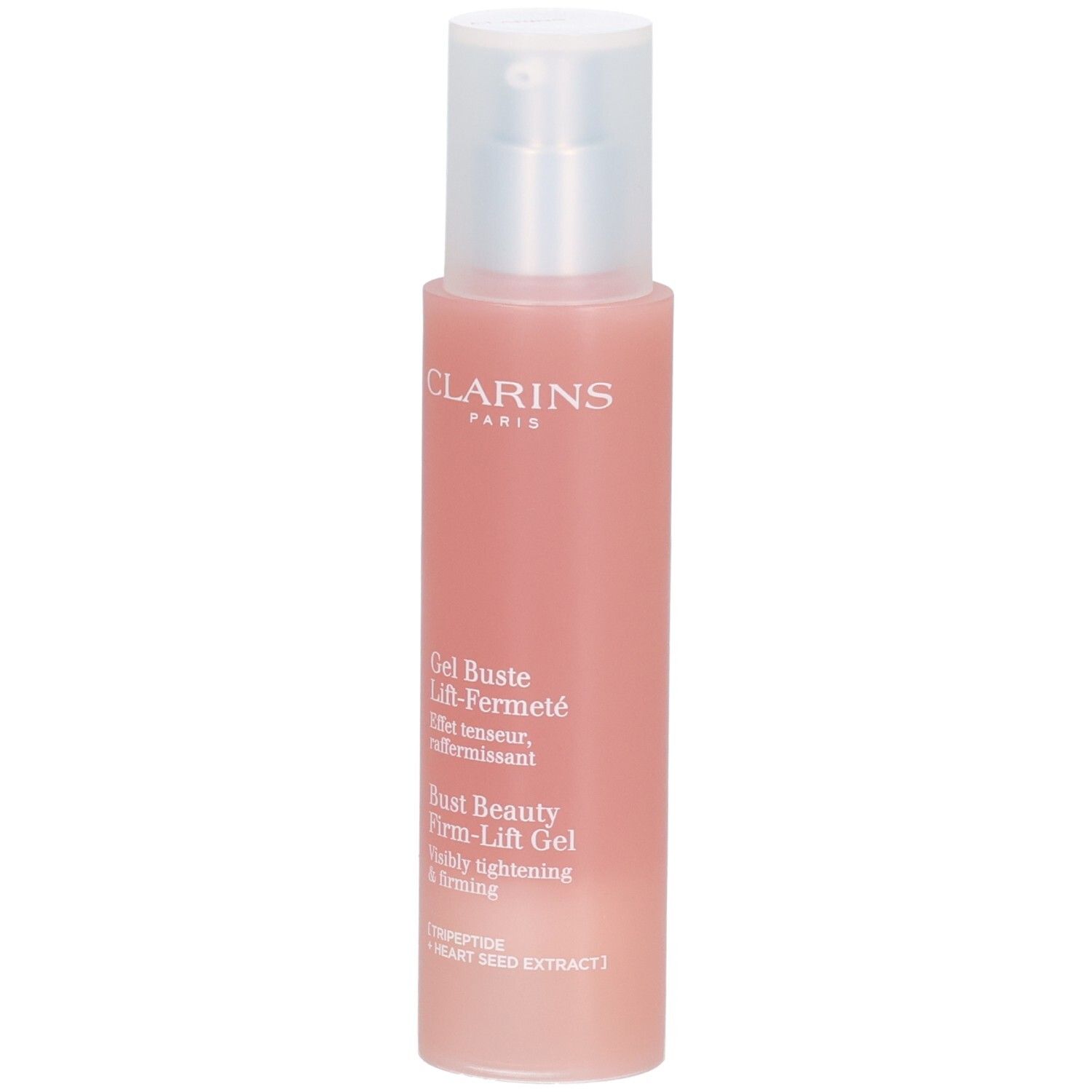 Clarins Bust Beauty Firm-Lift Gel, roze fles met pompdispenser. Bevat Tripeptide en hartzaadextract.