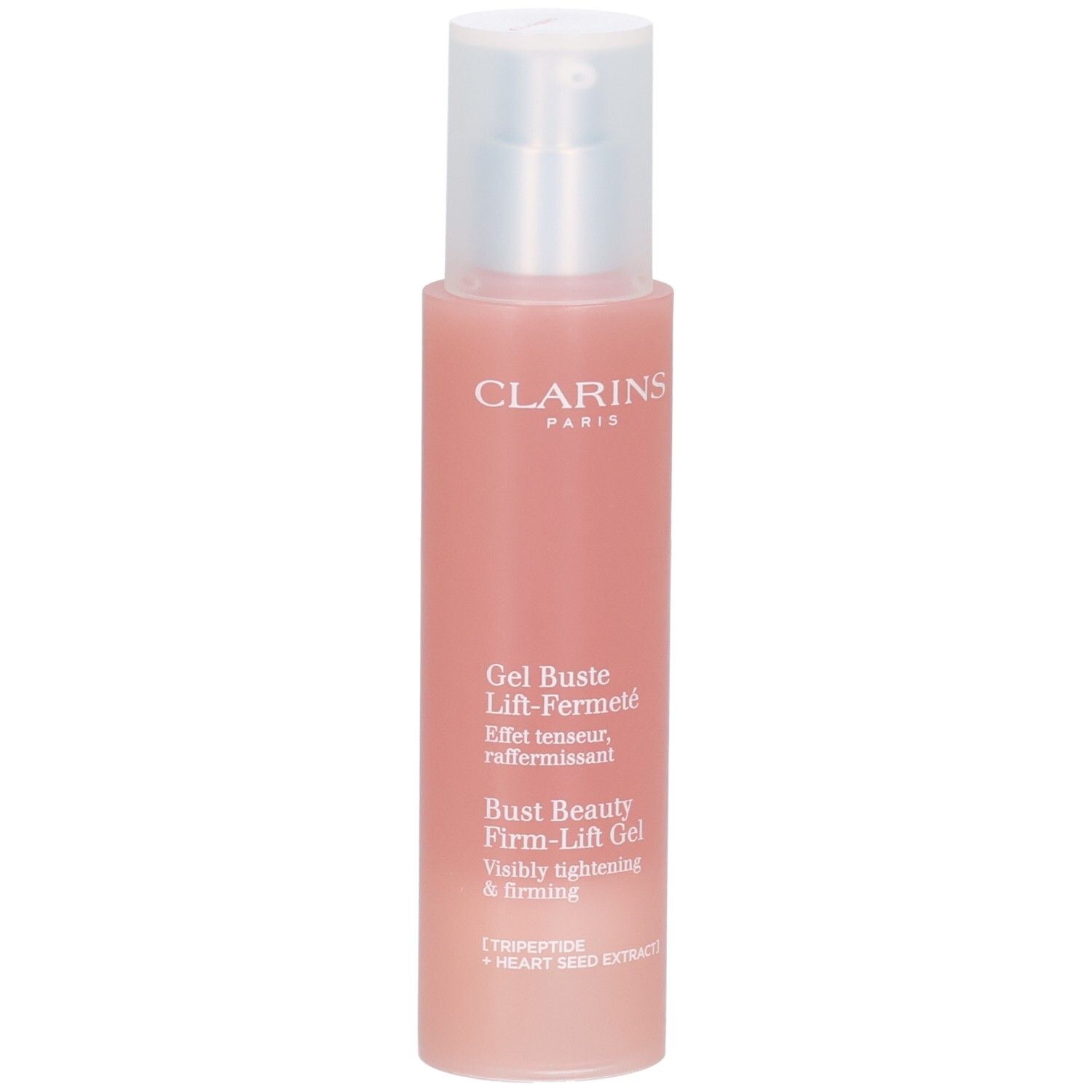 Clarins Bust Beauty Firm-Lift Gel, roze fles met pompdispenser. Bevat Tripeptide en hartzaadextract.