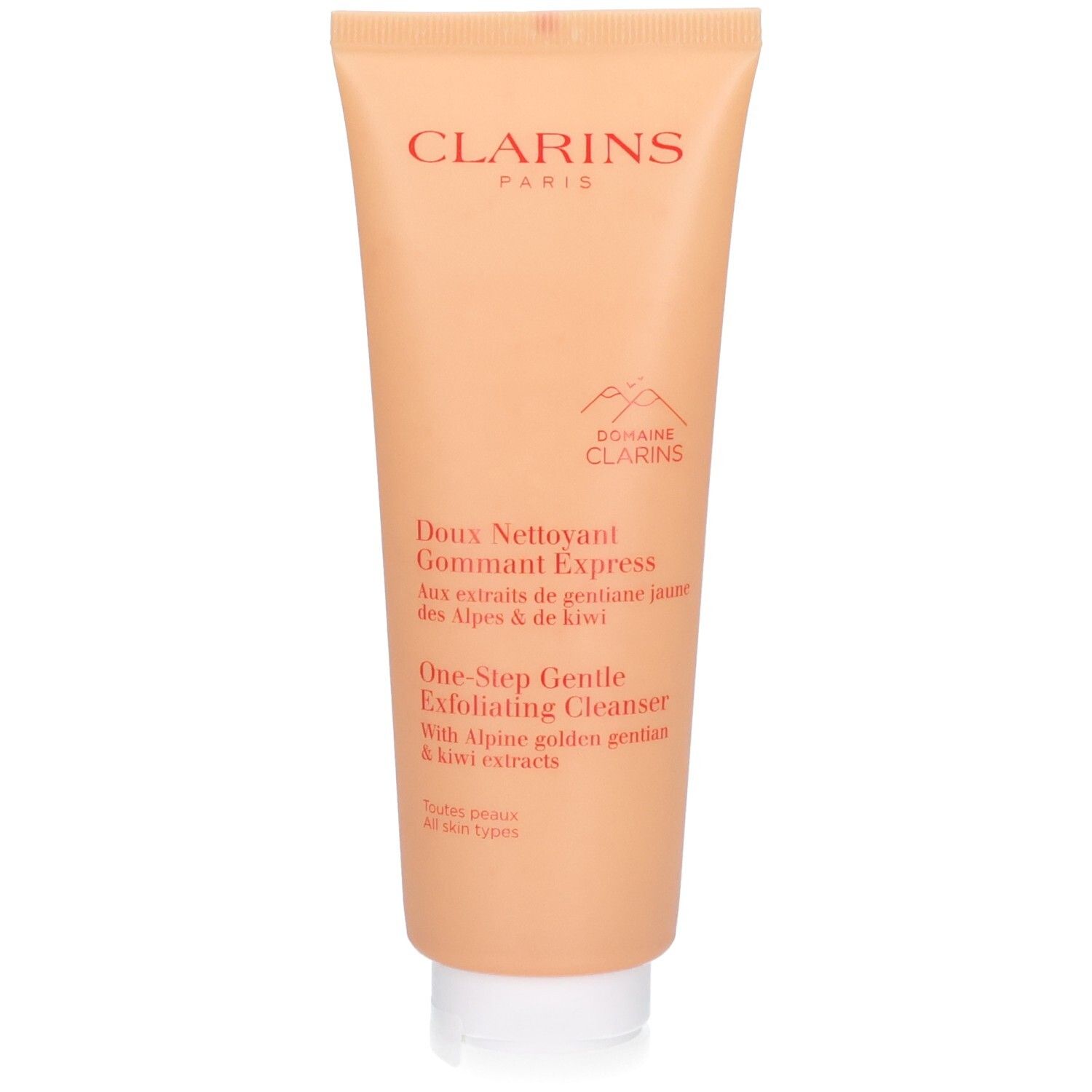 Clarins Doux Nettoyant Gommant Express tube met bergmotief en productinformatie.