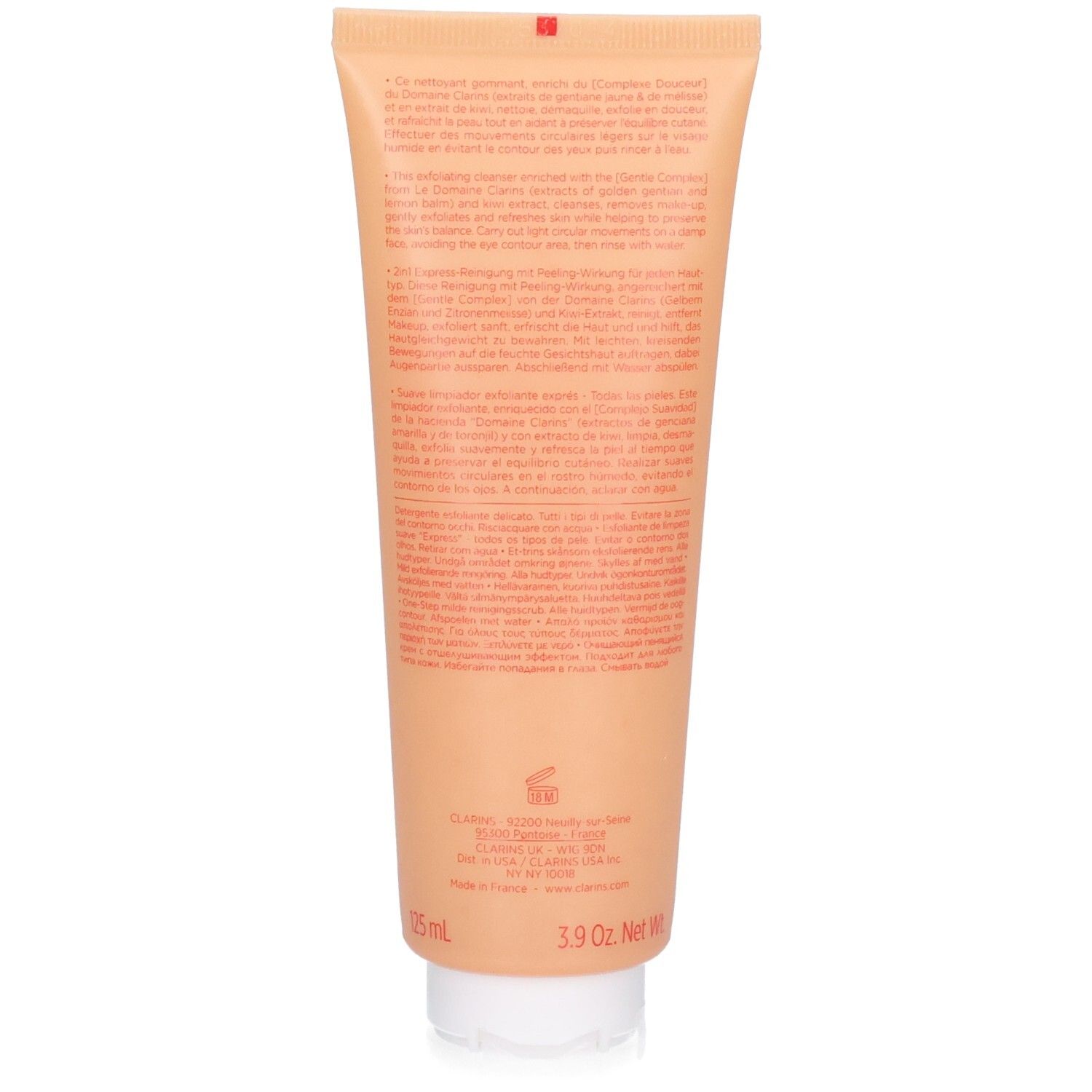 Achterkant van de Clarins Doux Nettoyant Gommant Express tube met gedetailleerde productinformatie.