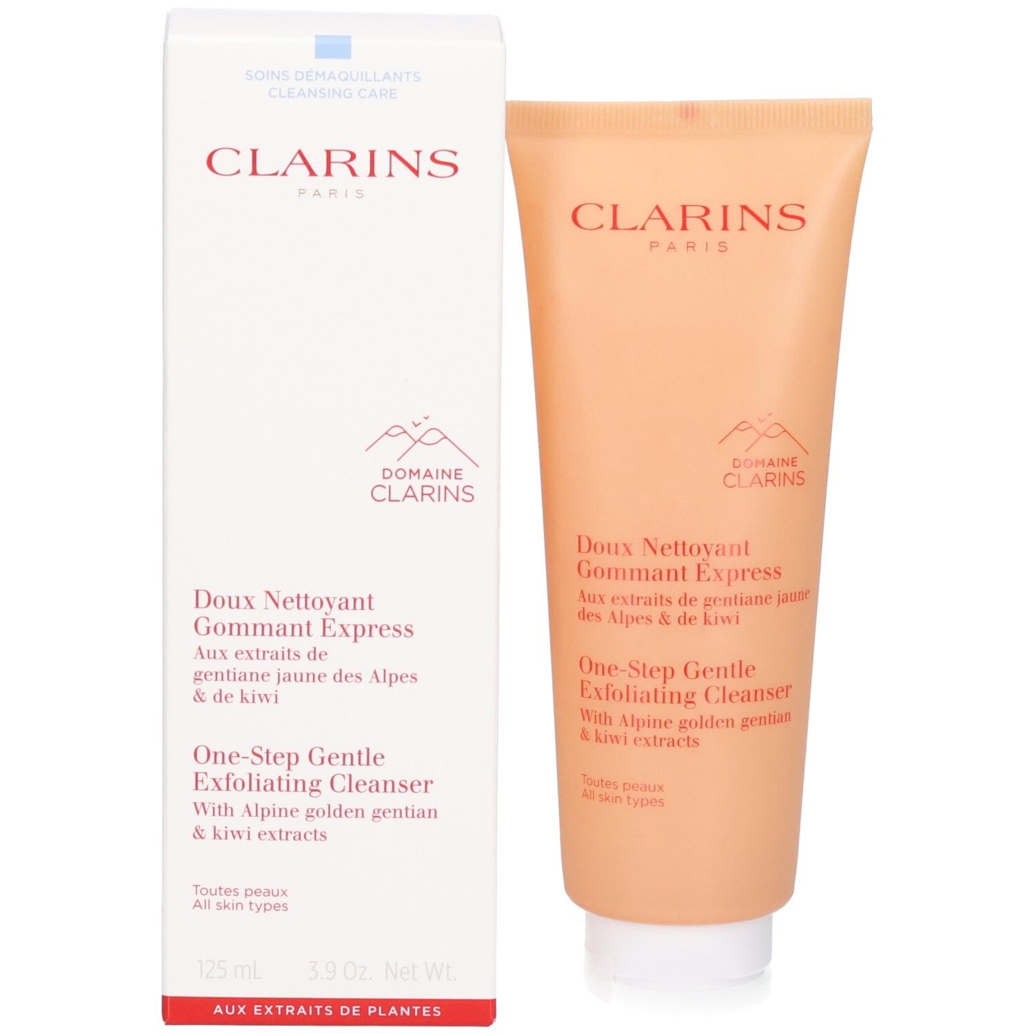 Clarins Doux Nettoyant Gommant Express tube en verpakking met product- en merkdetails.