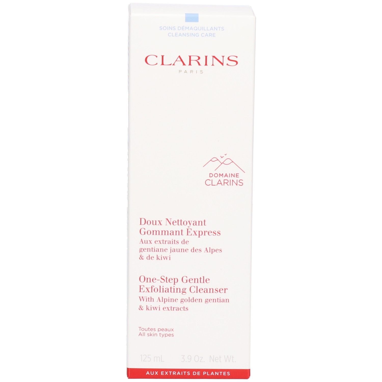 Verpakking Clarins Doux Nettoyant Gommant Express met productnaam en toepassingsdetails.