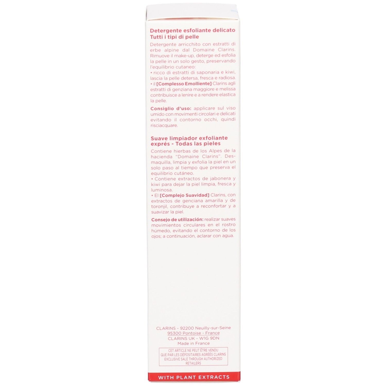 Zijde van de Clarins Doux Nettoyant Gommant Express verpakking met gebruiksinstructies en ingrediënten.
