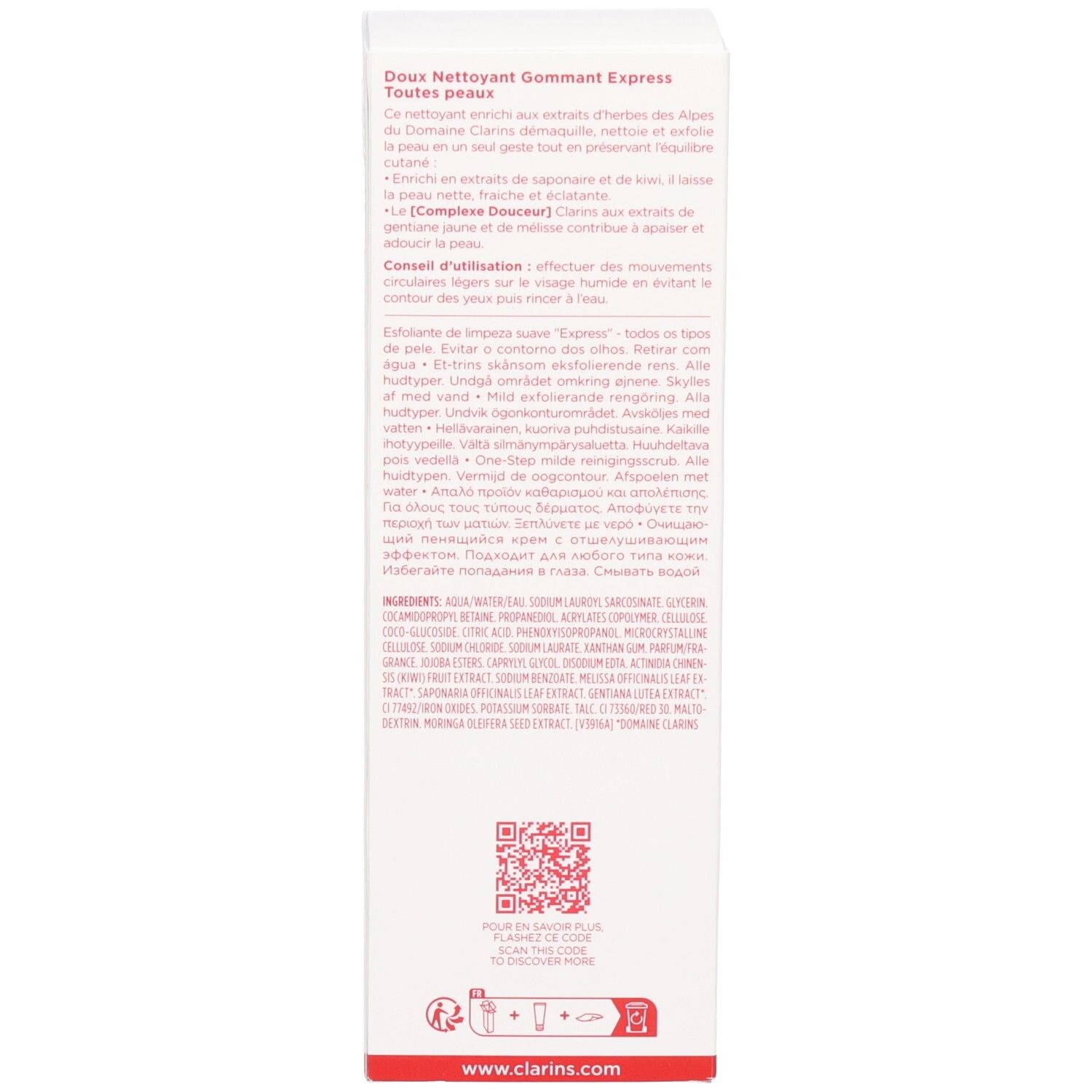 Achterkant van de Clarins Doux Nettoyant Gommant Express verpakking met QR-code en toepassingssymbolen.