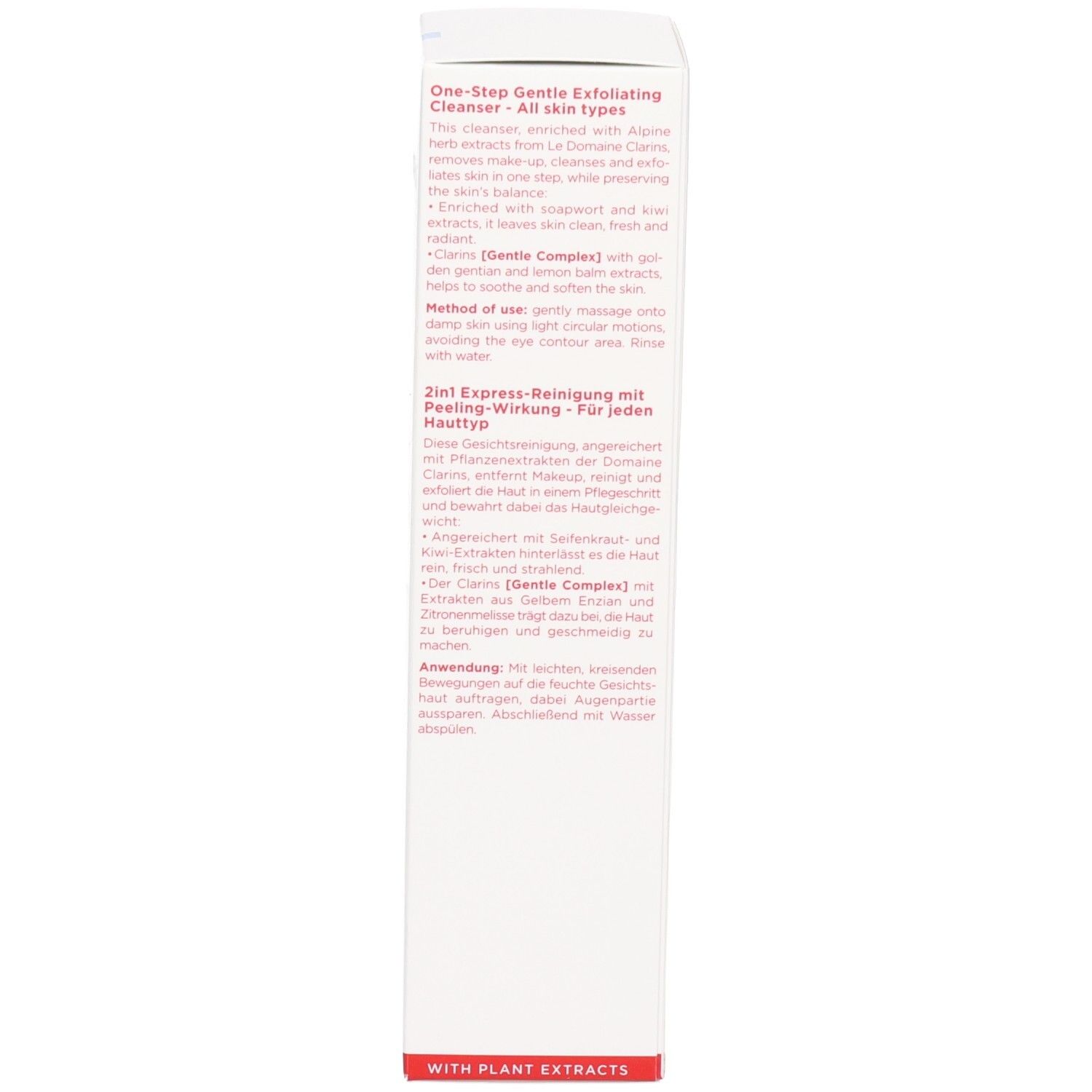 Zijde van de Clarins Doux Nettoyant Gommant Express verpakking met productbeschrijving en toepassing.