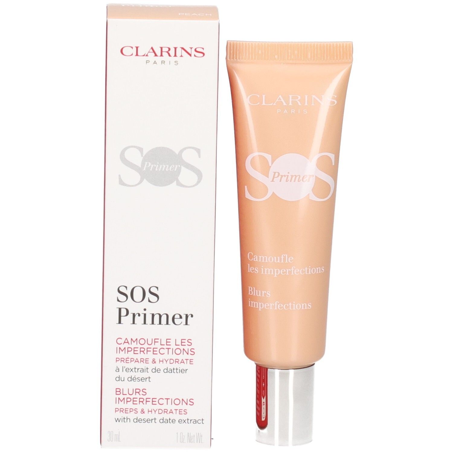 Clarins SOS Primer Peach : Tube et boîte extérieure, nom du produit et teinte pêche.