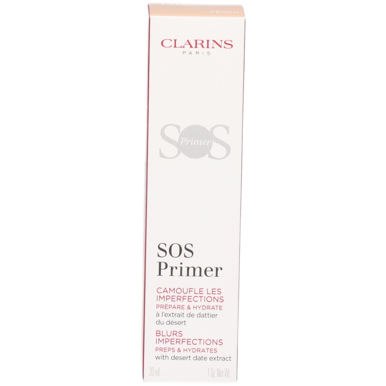 Clarins SOS Primer Peach : Boîte extérieure avec nom du produit et description en français.