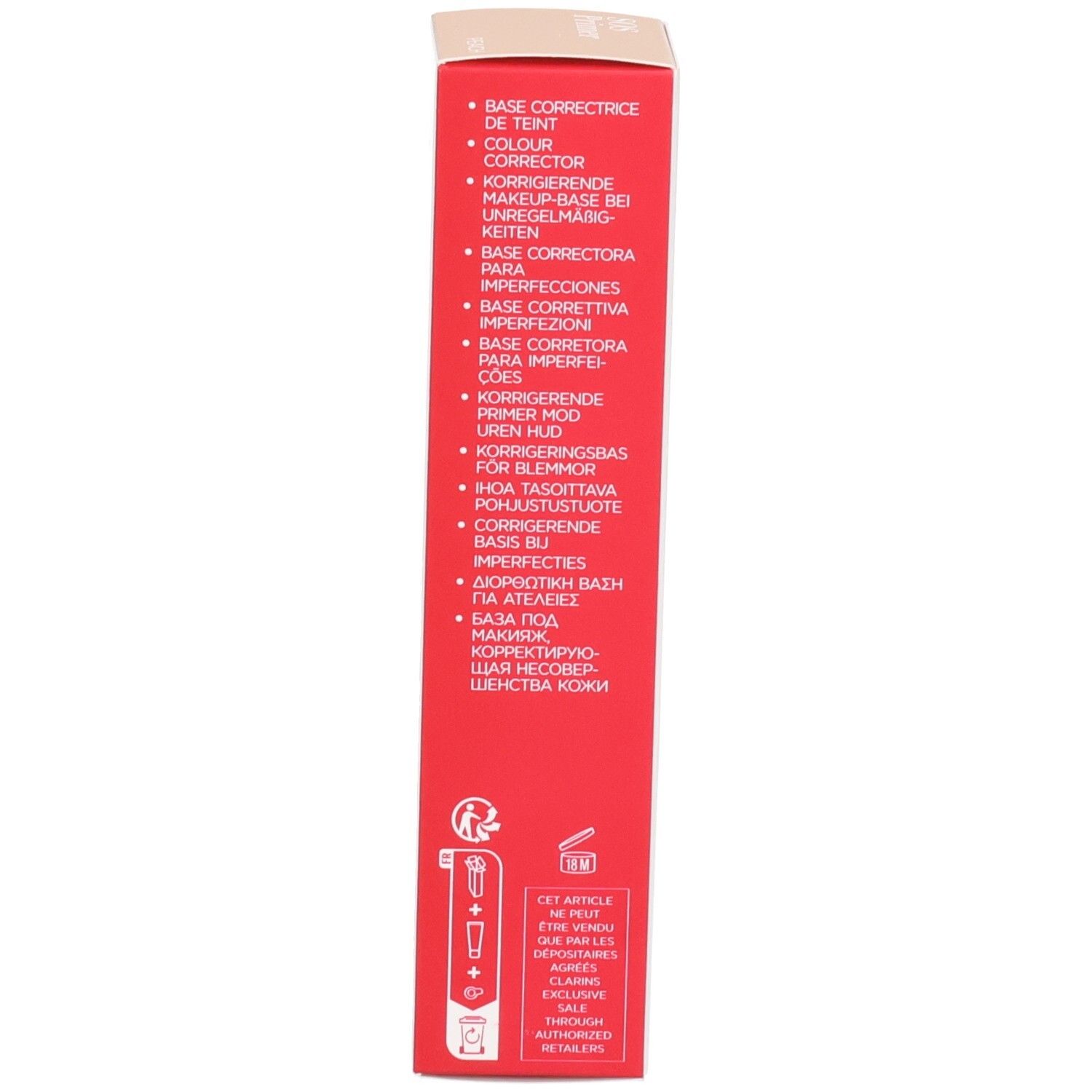 Clarins SOS Primer Peach : Côté rouge de la boîte avec descriptions produit multilingues.