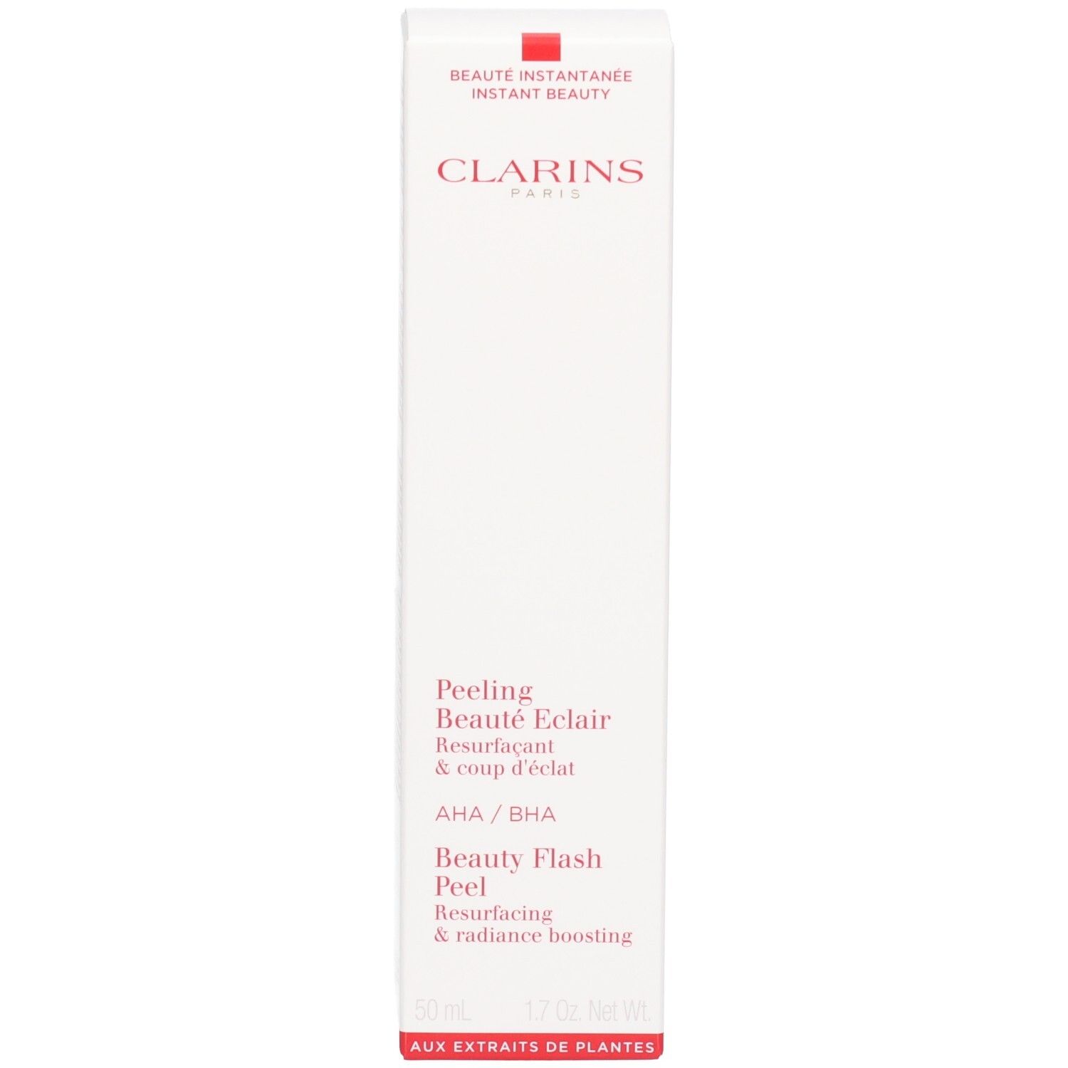 Boîte Clarins Peeling Beauté Eclair avec accent rouge en haut. Contient AHA/BHA.